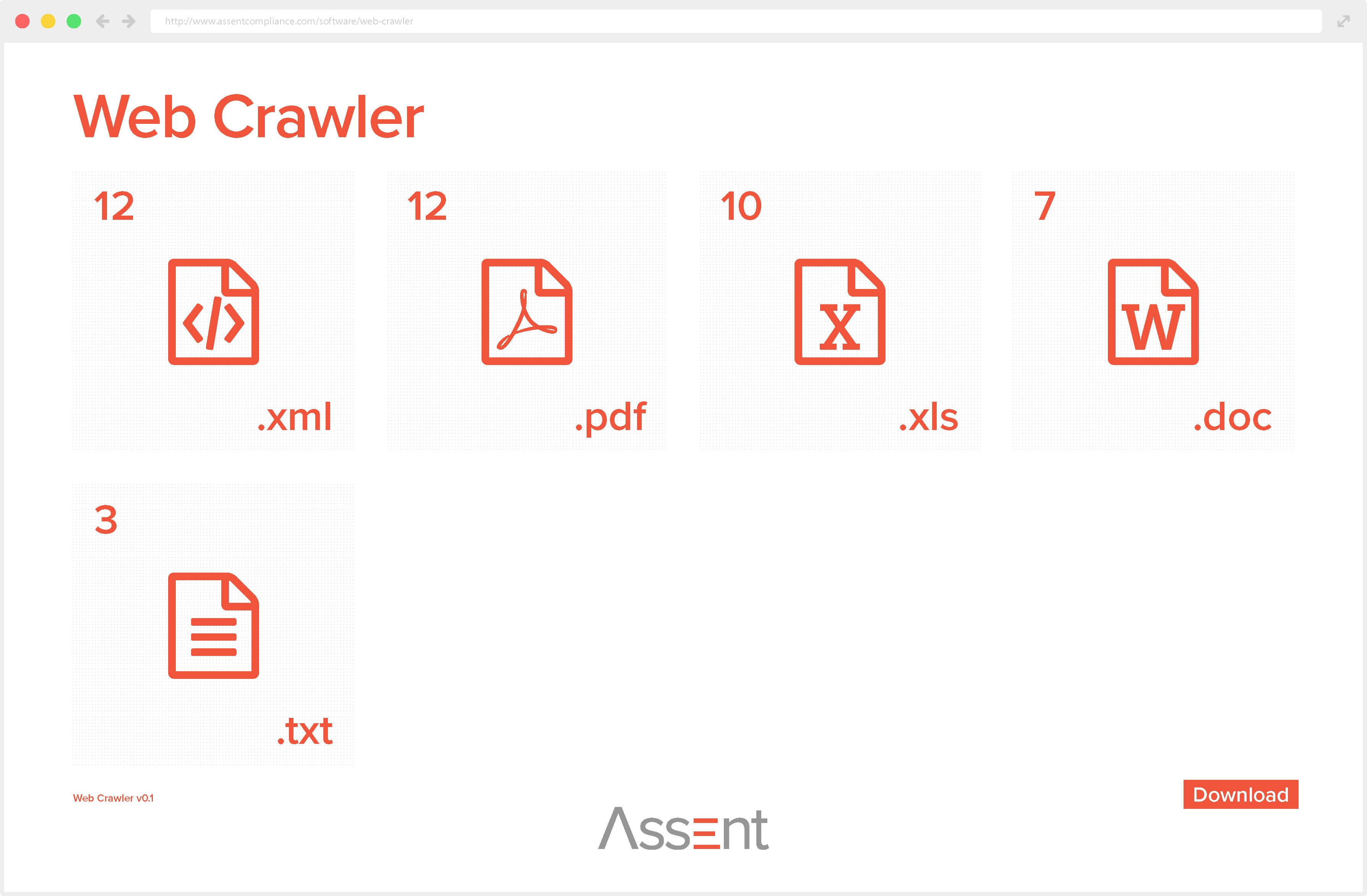 Screenshot of Assent Compliance’s web crawler interface, displaying the results screen, showing document icons with file type labels and counts, and a 'Download' button in the lower right corner.