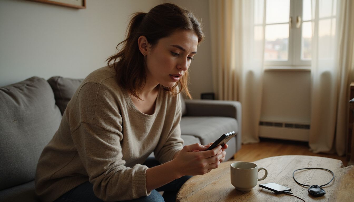 A woman hesitantly types a review on her smartphone.