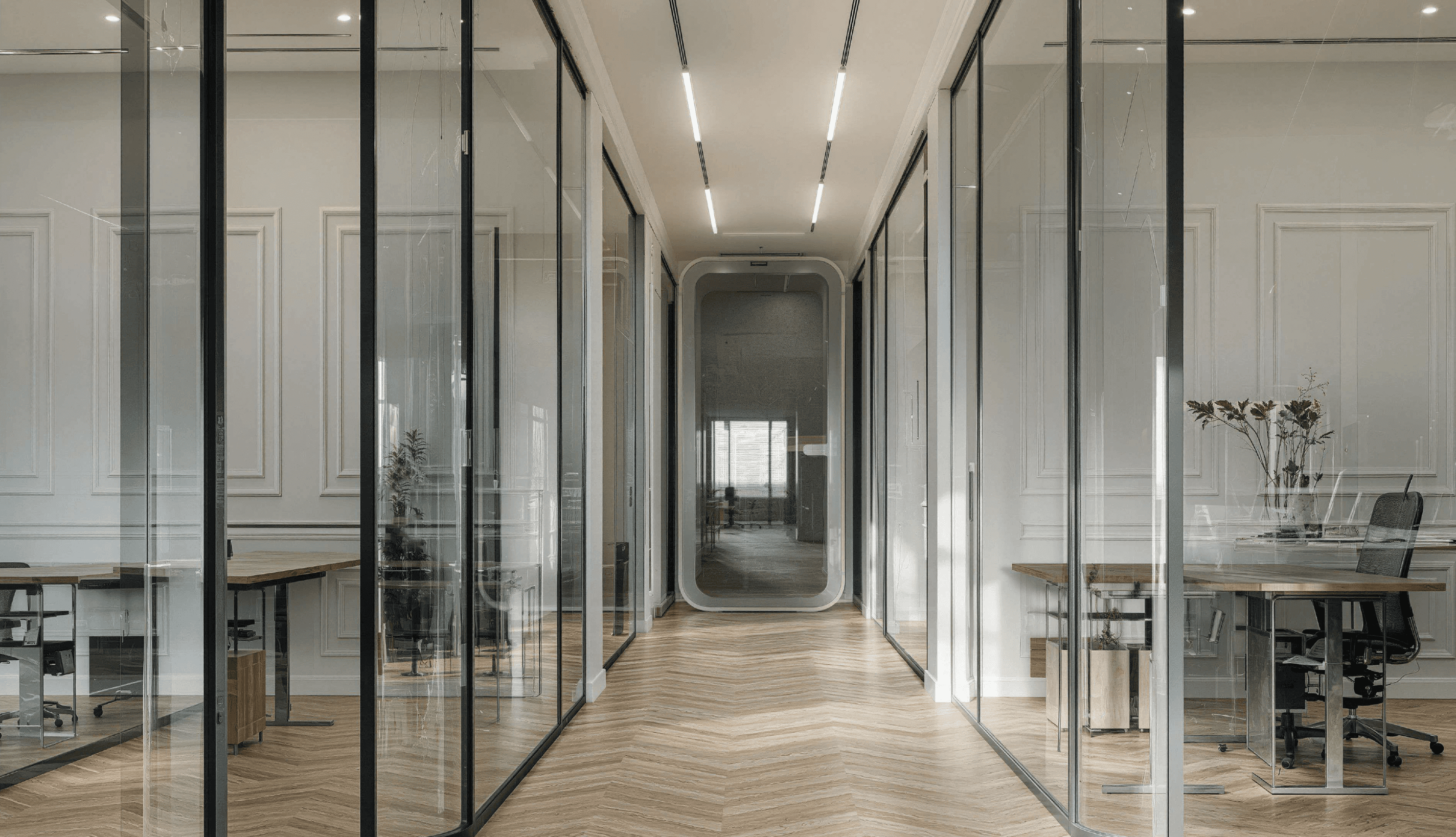 Interior walkway and office access at Oh My Desk D3 Dubai workspace