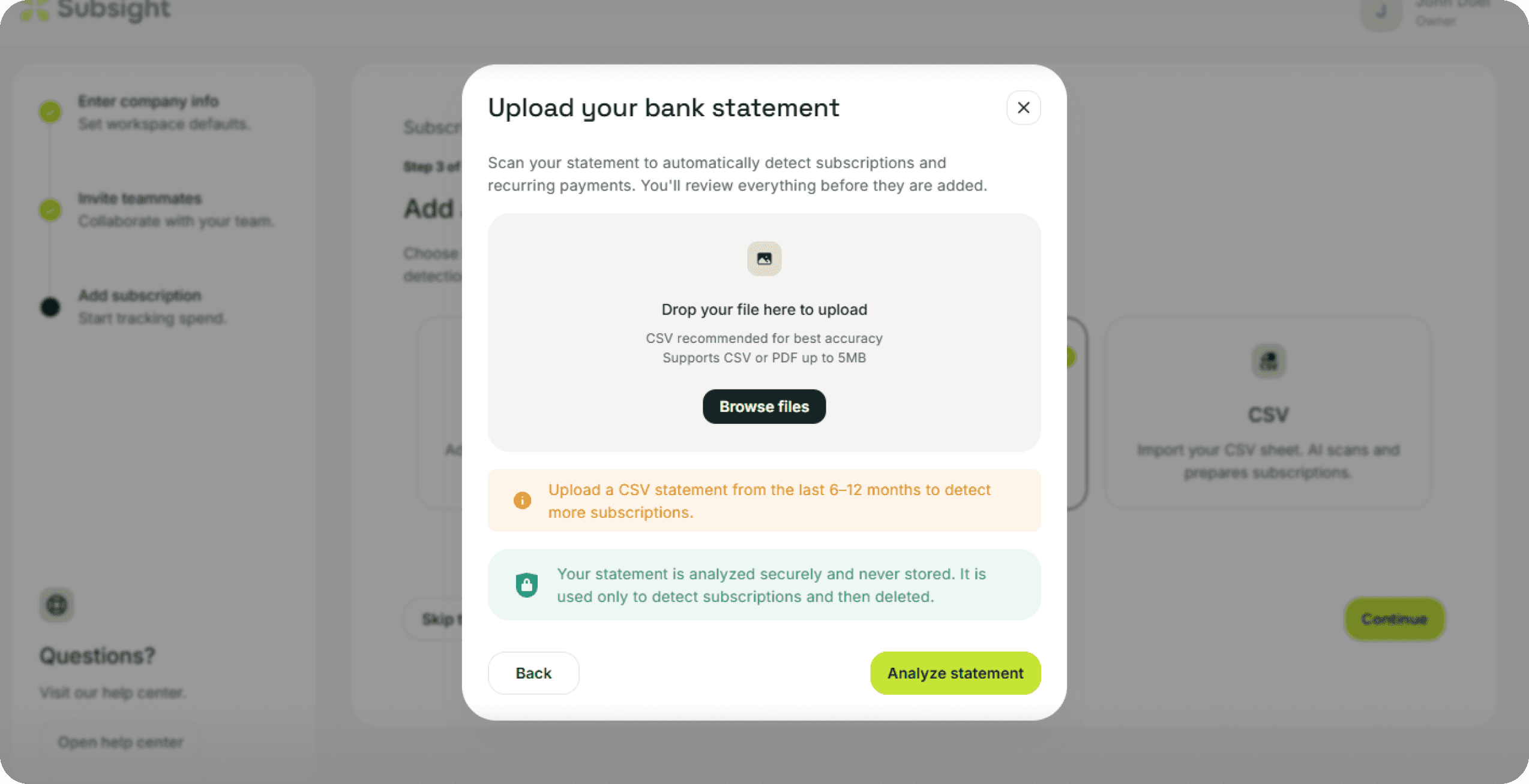 Subsight bank statement upload modal with drag and drop area and file selection option.