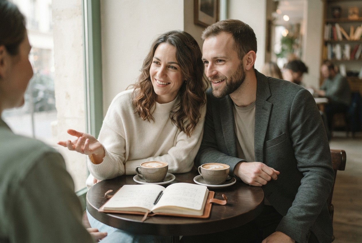 A couple sitting at a café table with coffee and a notebook, talking to someone off-frame