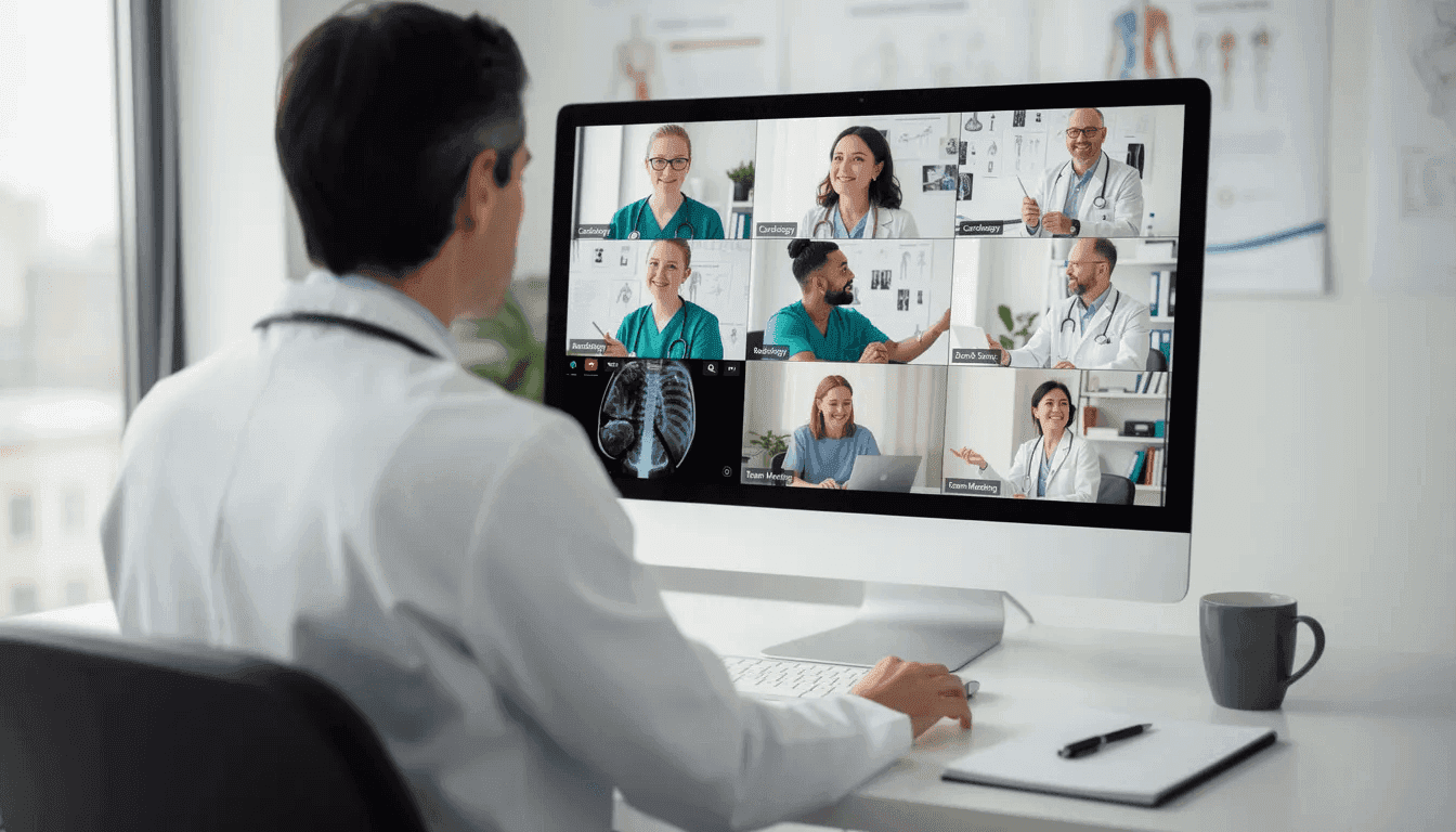 A healthcare professional is engaged in a video conference with a medical team, showcasing the rise of fractional work and the flexible workforce in the healthcare sector.
