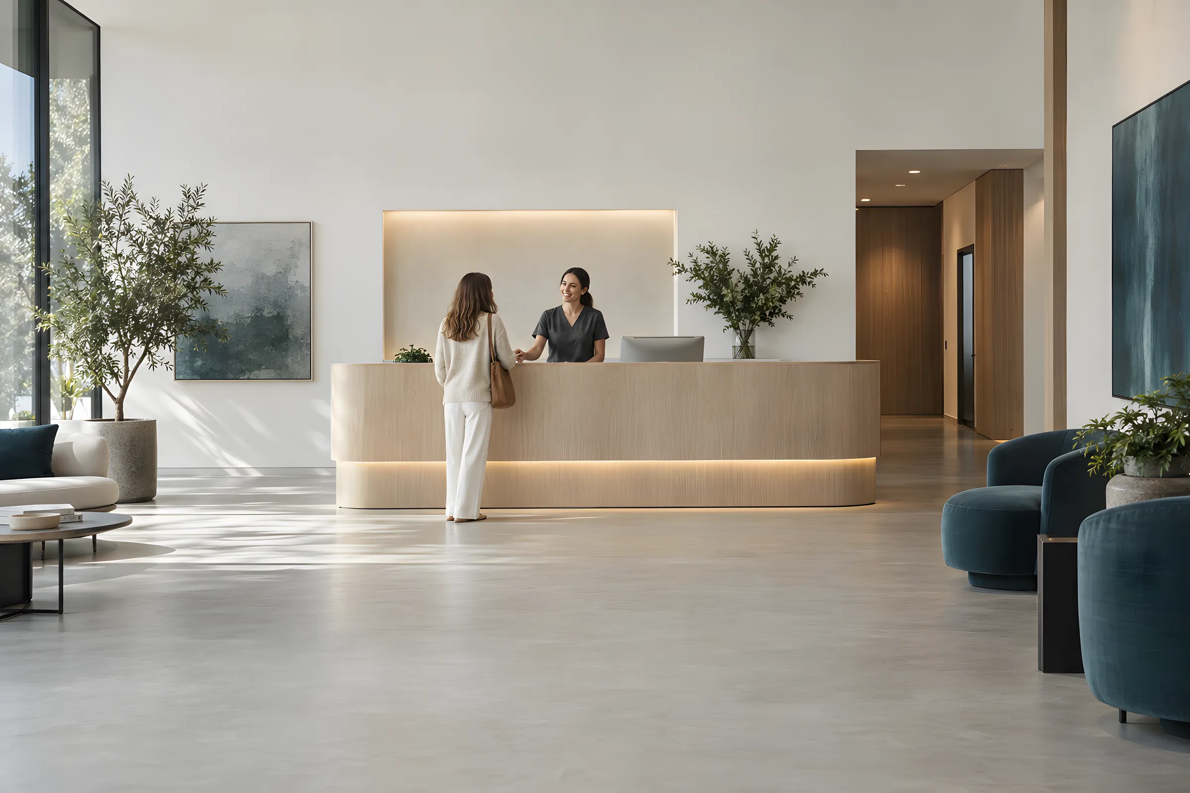 A patient coordinator welcoming a patient at the oak reception desk