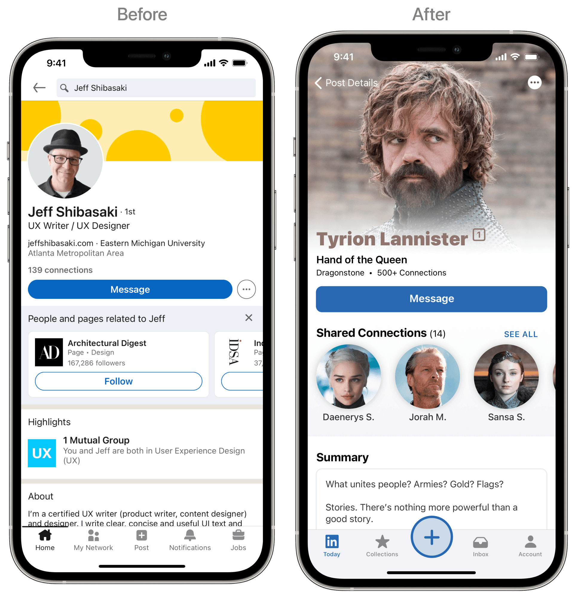 LinkedIn connection profile before and after the redesign