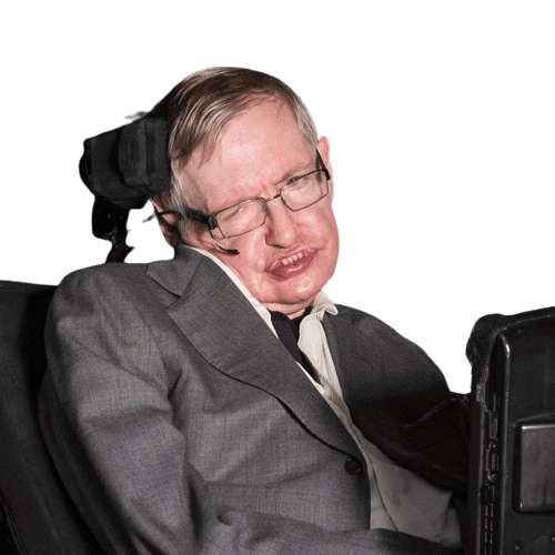 Renowned theoretical physicist Stephen Hawking is pictured seated in his wheelchair, wearing a gray suit and glasses, with his communication device visible in the foreground. Known for his contributions to cosmology and quantum mechanics, Hawking's facial expression reflects his determined spirit despite battling ALS.