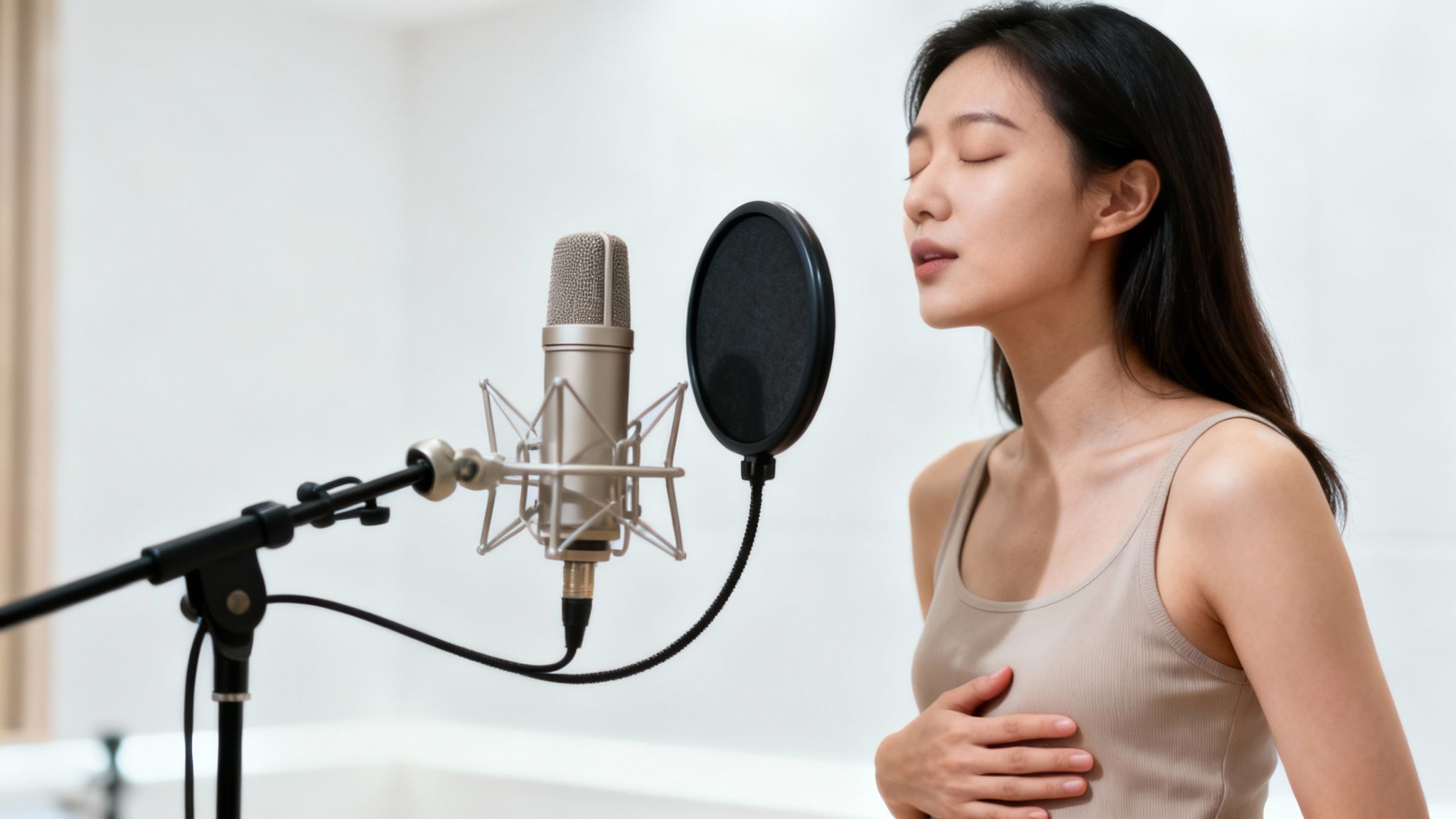 A person in a recording studio, focused on their vocal delivery while rapping into a microphone.