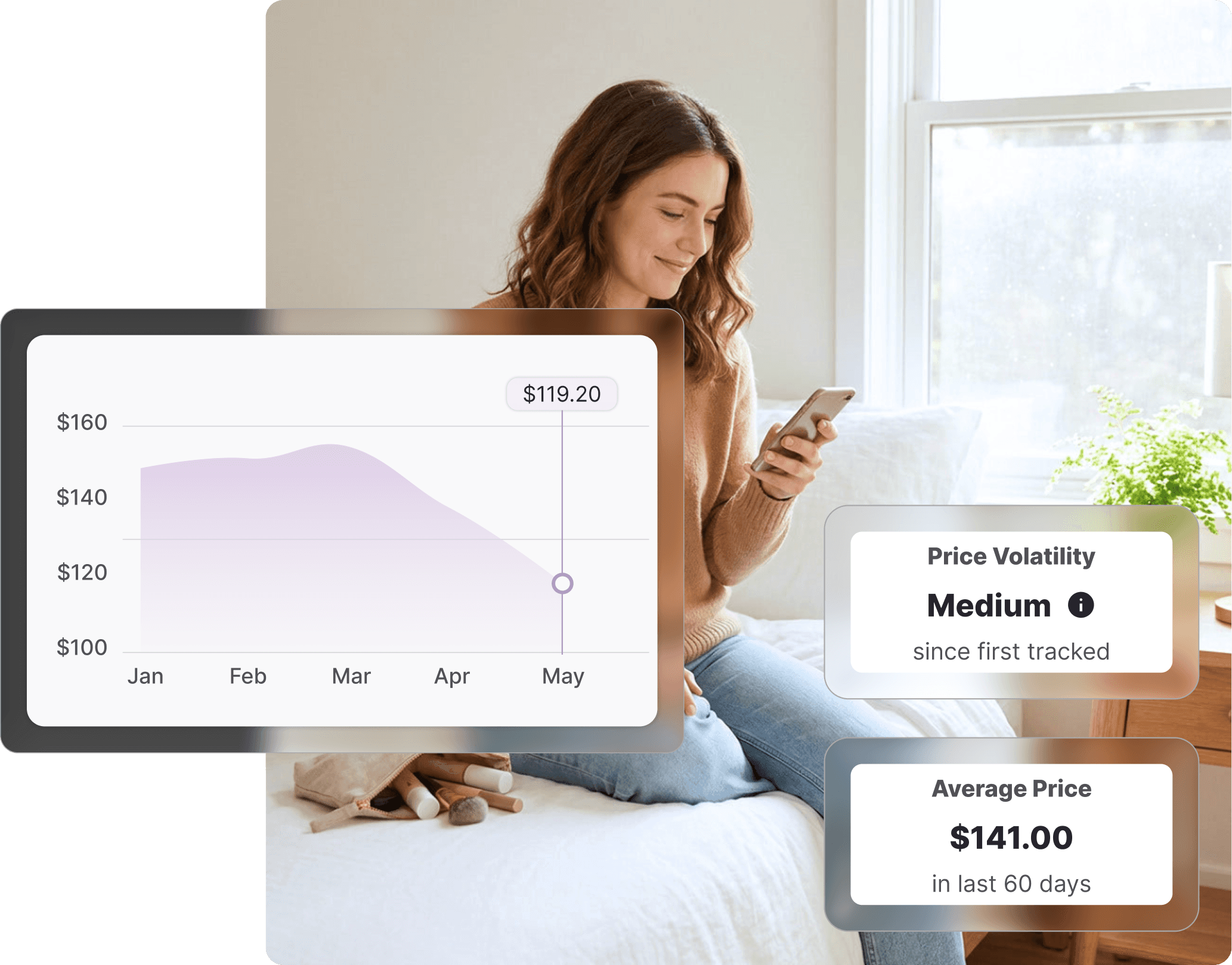 Woman sitting on a bed checking her phone, with makeup brushes and beauty products beside her, checking Priceline price history on Whisprice, with a price chart showing a drop to $119.20 overlaid on the left.