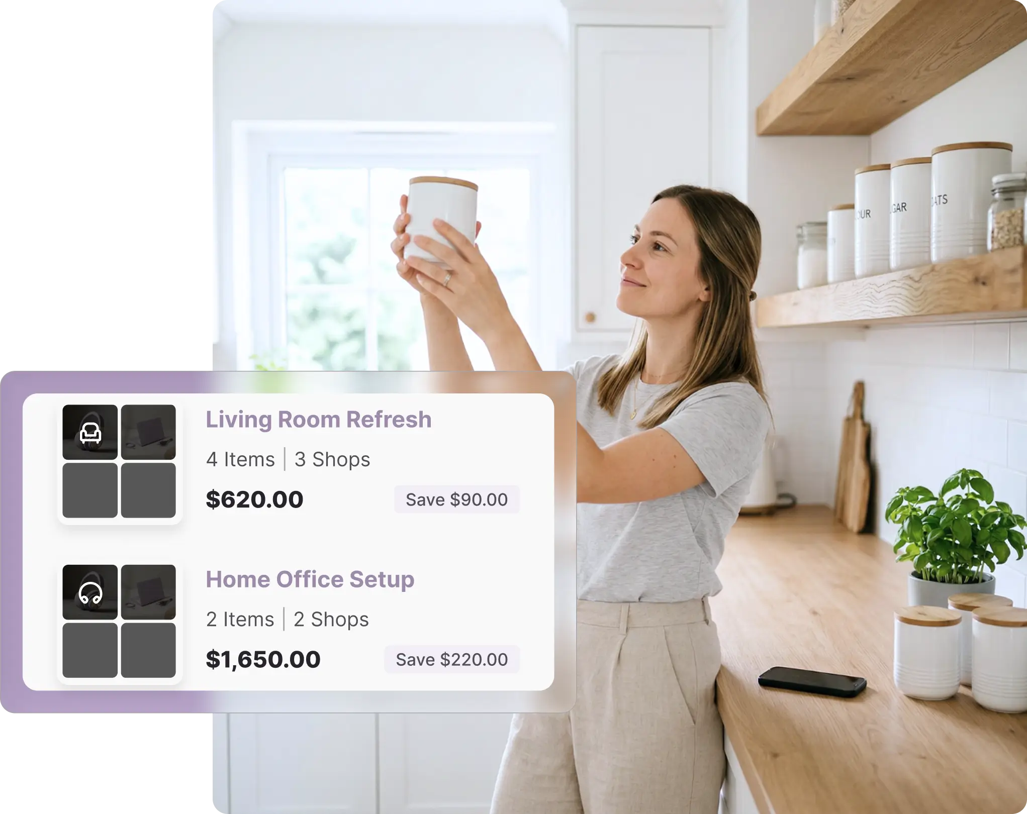 A woman standing in a kitchen organizing ceramic storage jars on wooden shelves, next to a Whisprice digital interface mockup showing how to create and organize a Wayfair wishlist. The overlay displays organized collections like "Living Room Refresh" and "Home Office Setup" with tracked item counts, total pricing, and calculated savings.
