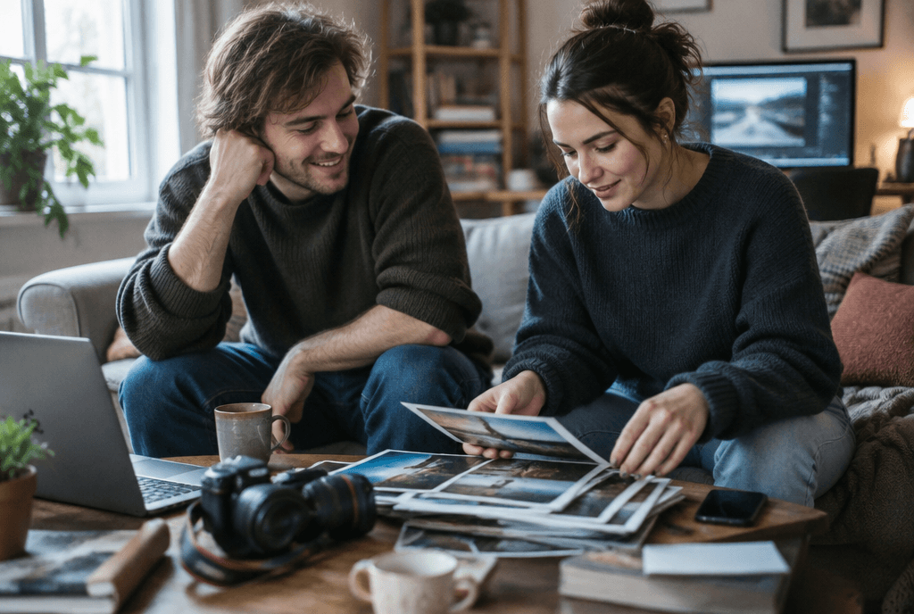 Freelance photographer picking favorite prints from a stack with a web designer friend