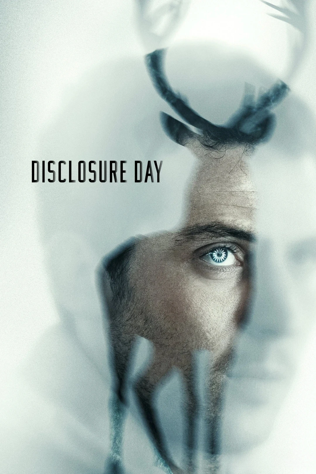 A mysterious, translucent double exposure shows a man's face, partly obscured by abstract shapes, under the bold title "Disclosure Day," evoking themes of intrigue and enigma.