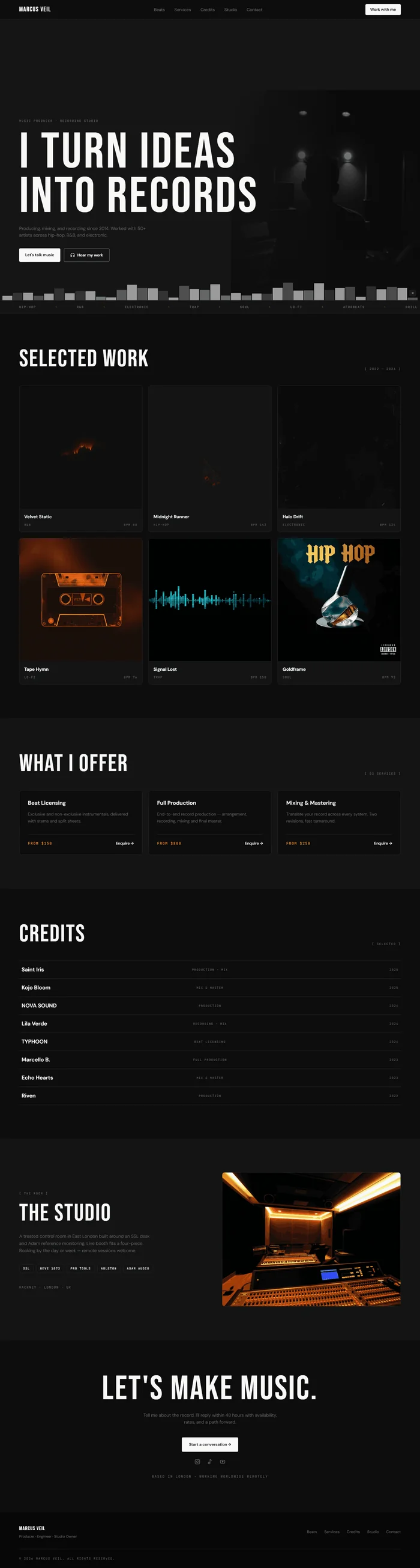 Music producer website prompt full preview — near-black #0d0d0d background with white type and amber pricing accent, Bebas Neue 180px uppercase hero headline "I TURN IDEAS INTO RECORDS" over dark studio photo with noise texture overlay, animated 40-bar waveform equaliser across the bottom of the hero with staggered height loop, six beat cover art cards in a three-column grid with white circle play button appearing on hover, and eight-entry credits table with artist names and roles separated by thin border lines