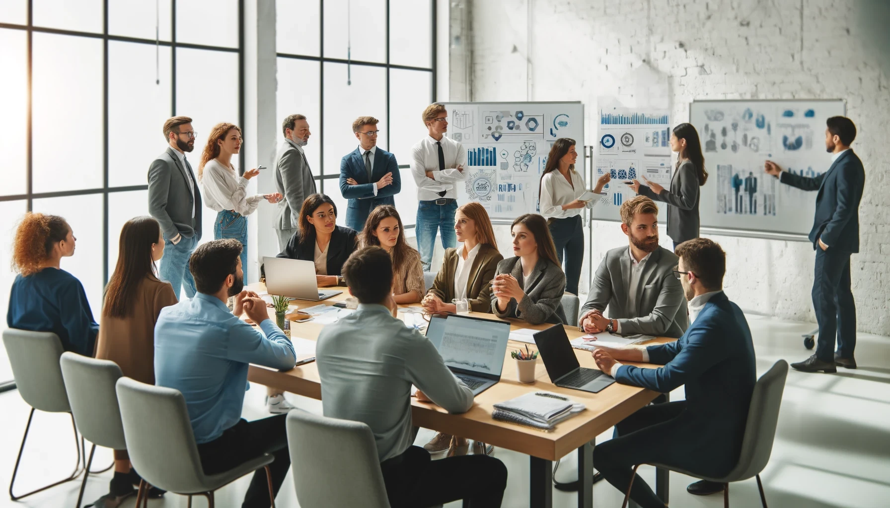 An office environment depicting a multicultural team working together around a desk with data diagrams on whiteboards, symbolizing a company that sponsors H-1B visas.