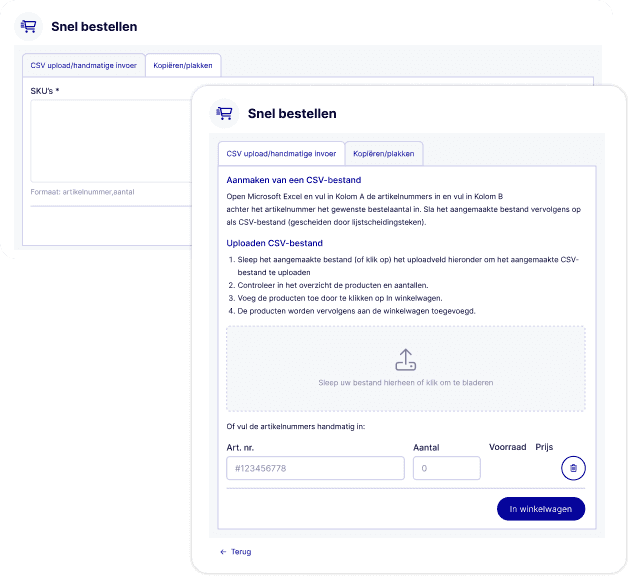 Bestellen via artikelnummer   (SKU-invoer + CSV-upload)