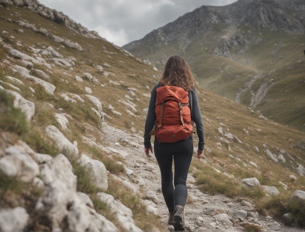 young lady hiking, next to rocky mountains