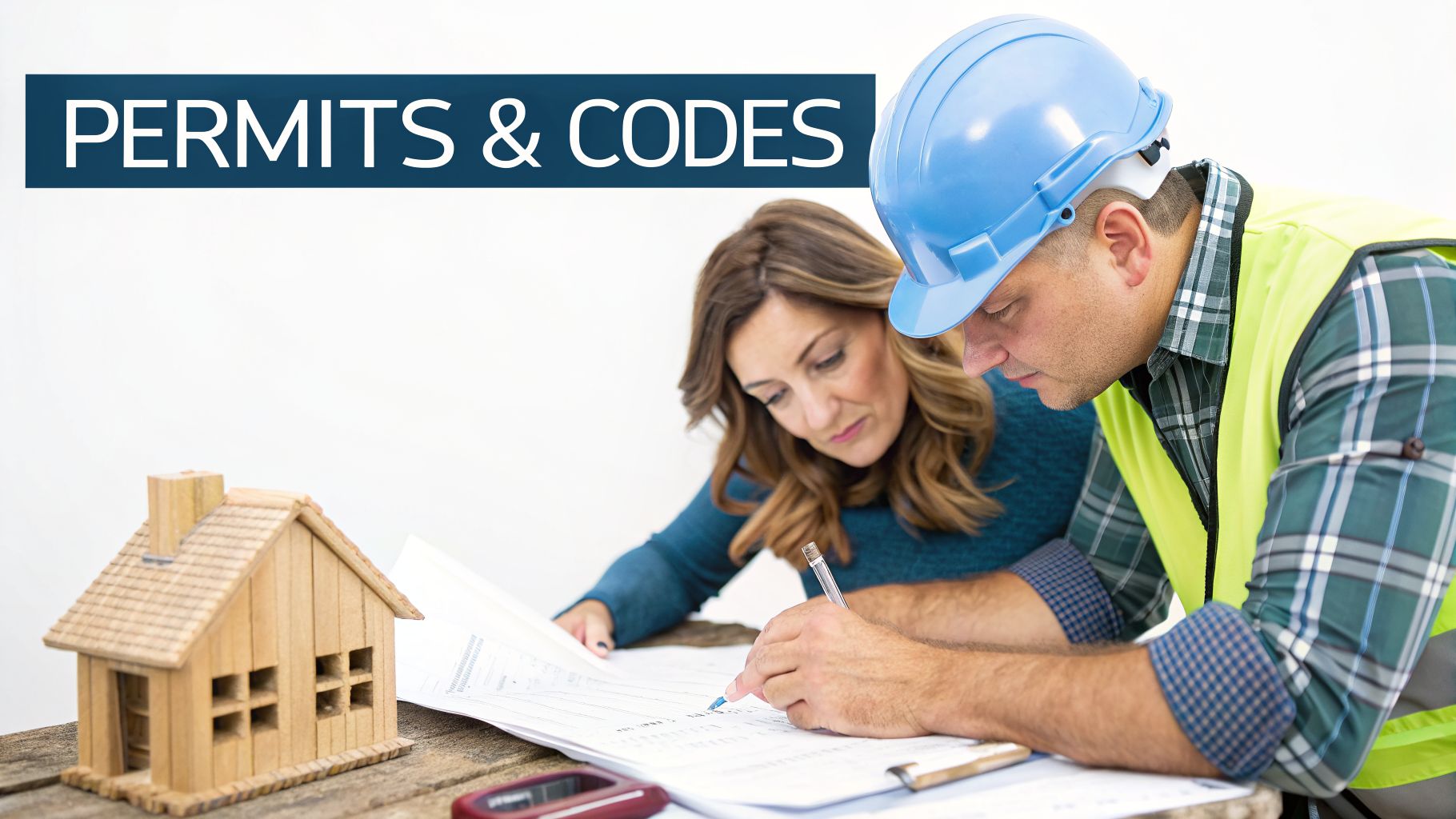 A construction worker and woman discuss building permits and codes, reviewing blueprints beside a house model.
