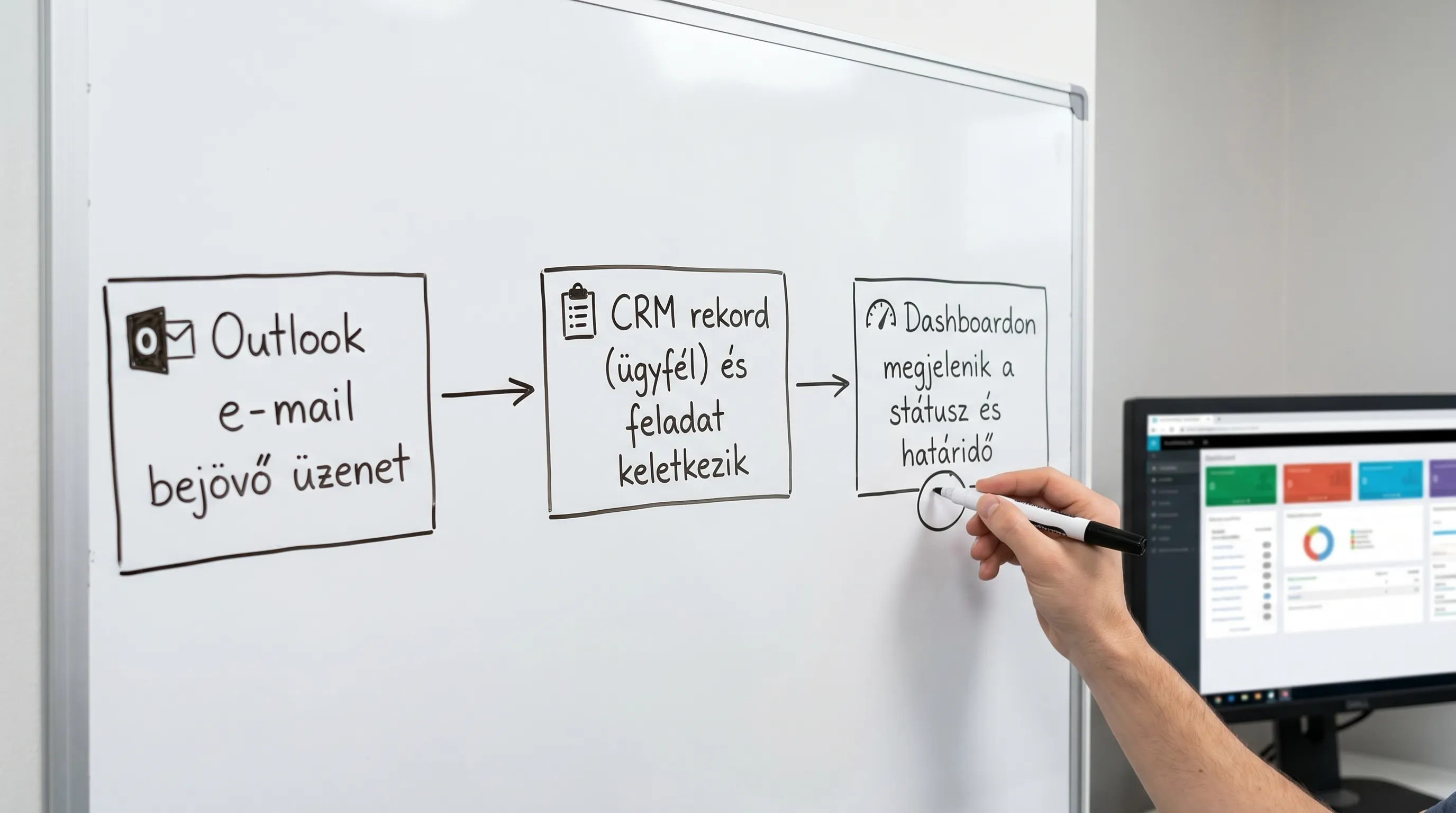Egyszerű folyamatábra: Outlook e-mail bejövő üzenetből CRM rekord (ügyfél) és feladat keletkezik, majd dashboardon megjelenik a státusz és határidő.