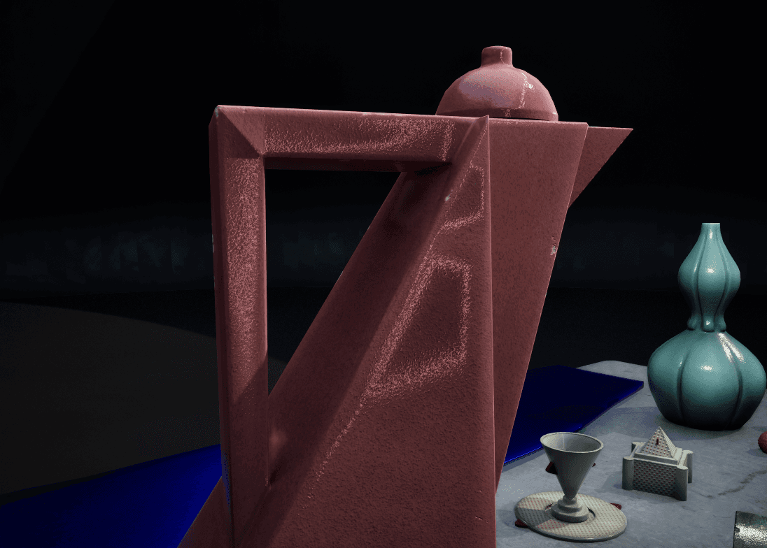 Detail render of the tall pink angular vessel with smaller objects arranged behind it.