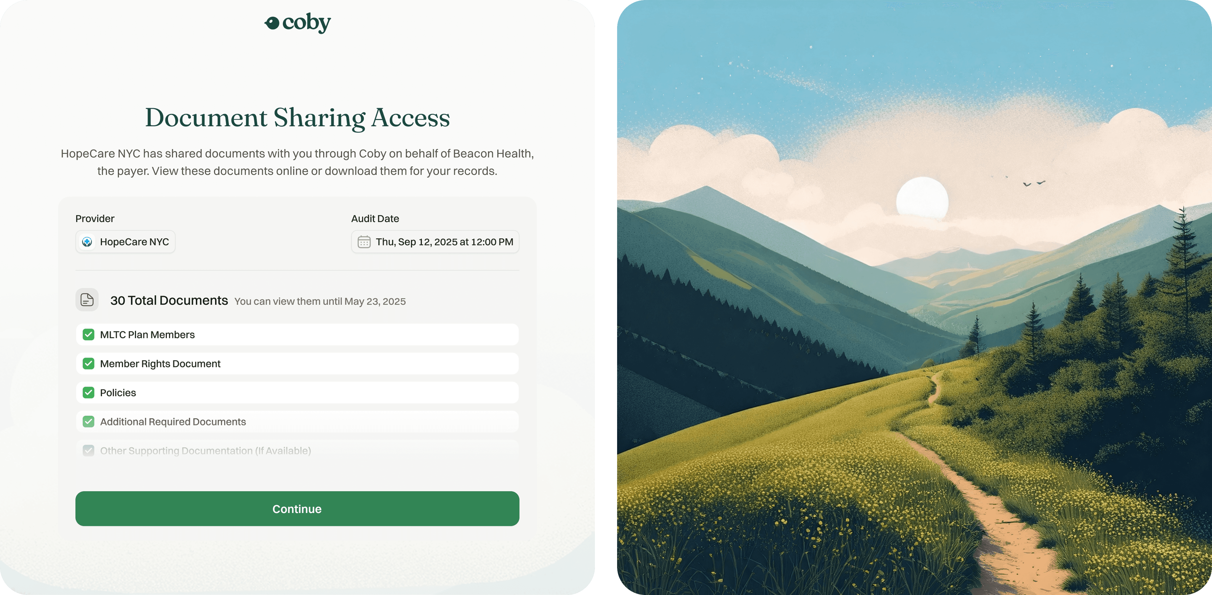 A split image: on the left, a student registration form; on the right, a scenic landscape with mountains and a path.