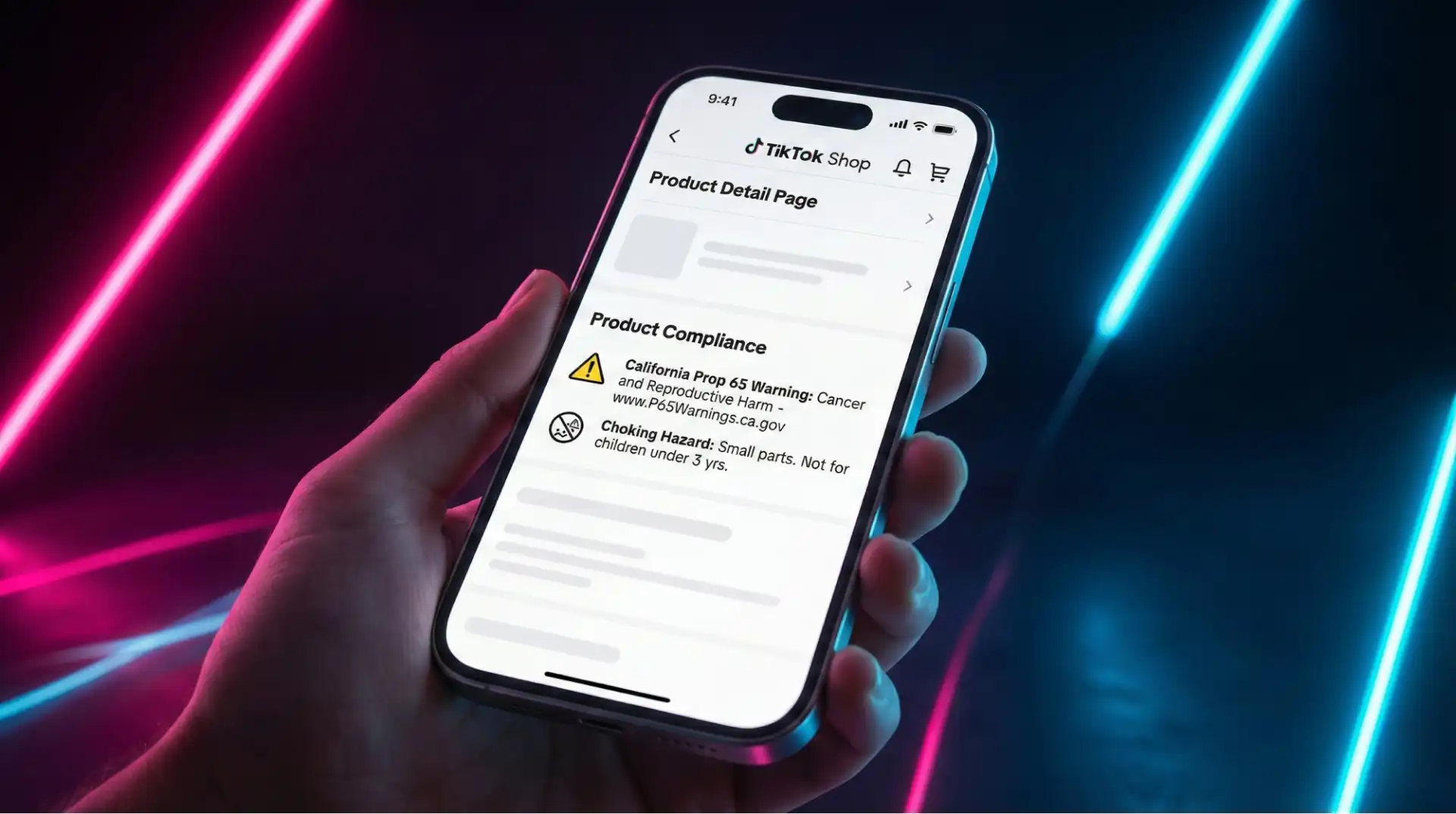Phone screen showing specific TikTok Shop compliance warnings for California Prop 65 and Choking Hazards.