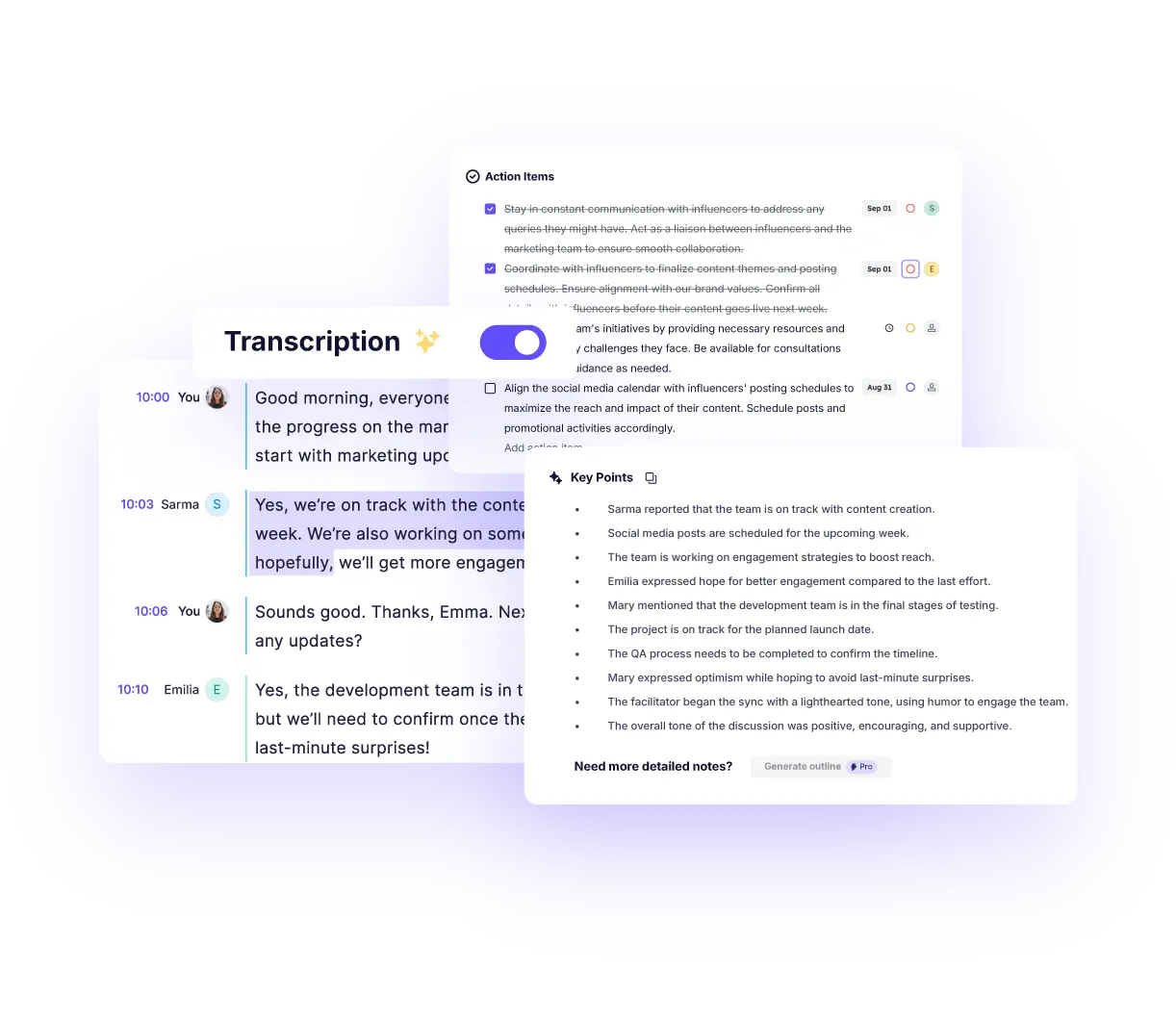 Screenshot of an AI meeting transcription interface showing different panels labeled “Transcription,” “Action Items,” and “Key Points.” The transcription panel displays a meeting conversation with timestamps and speaker names. The key points panel summarizes main discussion highlights, while the action items panel lists follow-up tasks with checkboxes and due dates. The background is a layered blue and purple gradient.