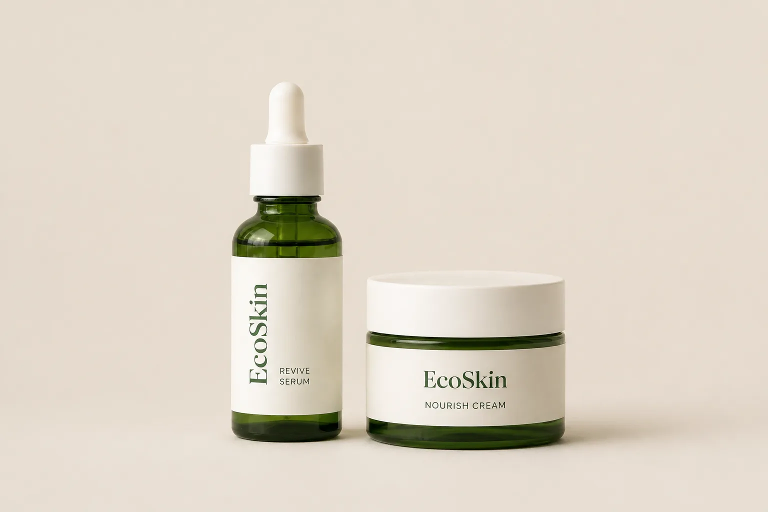 Minimal skincare serum and face cream packaging with clean eco-friendly branding on a neutral background
