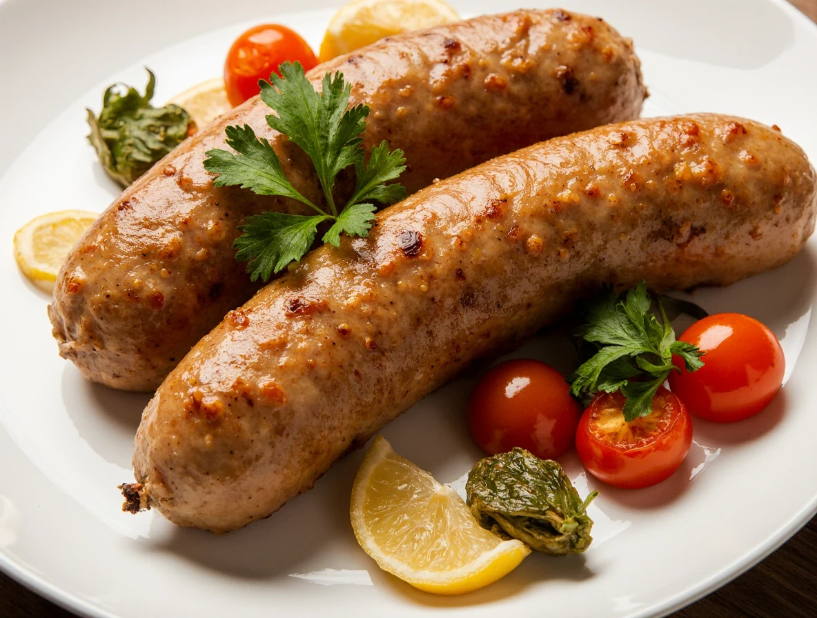 Parówki na talerzu z pomidorami.