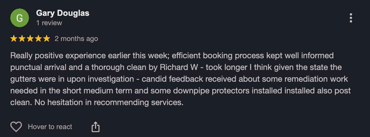 Five-star customer review praising punctual gutter cleaning service