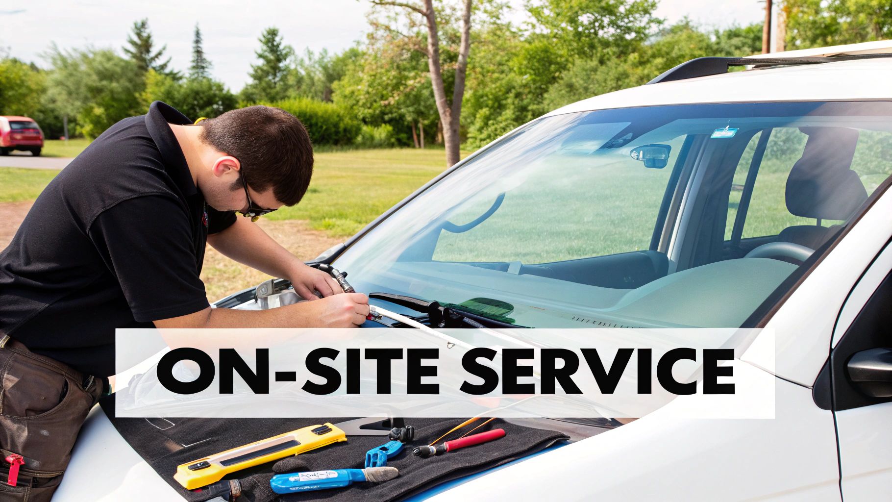 A mobile auto glass repair technician working on a car in a driveway in Walnut Creek, CA
