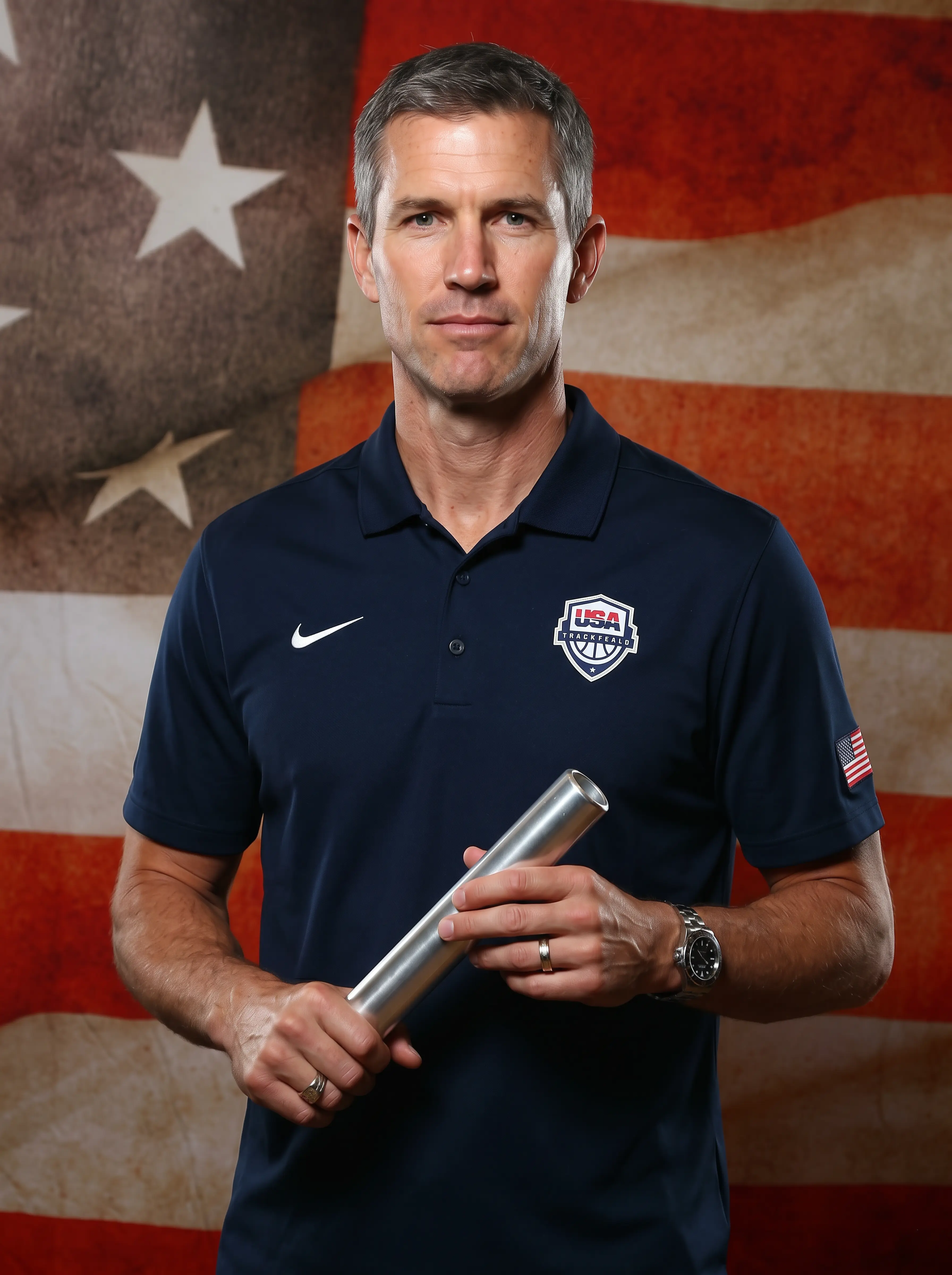 Portrait photo of a sports coach infront of USA Flag