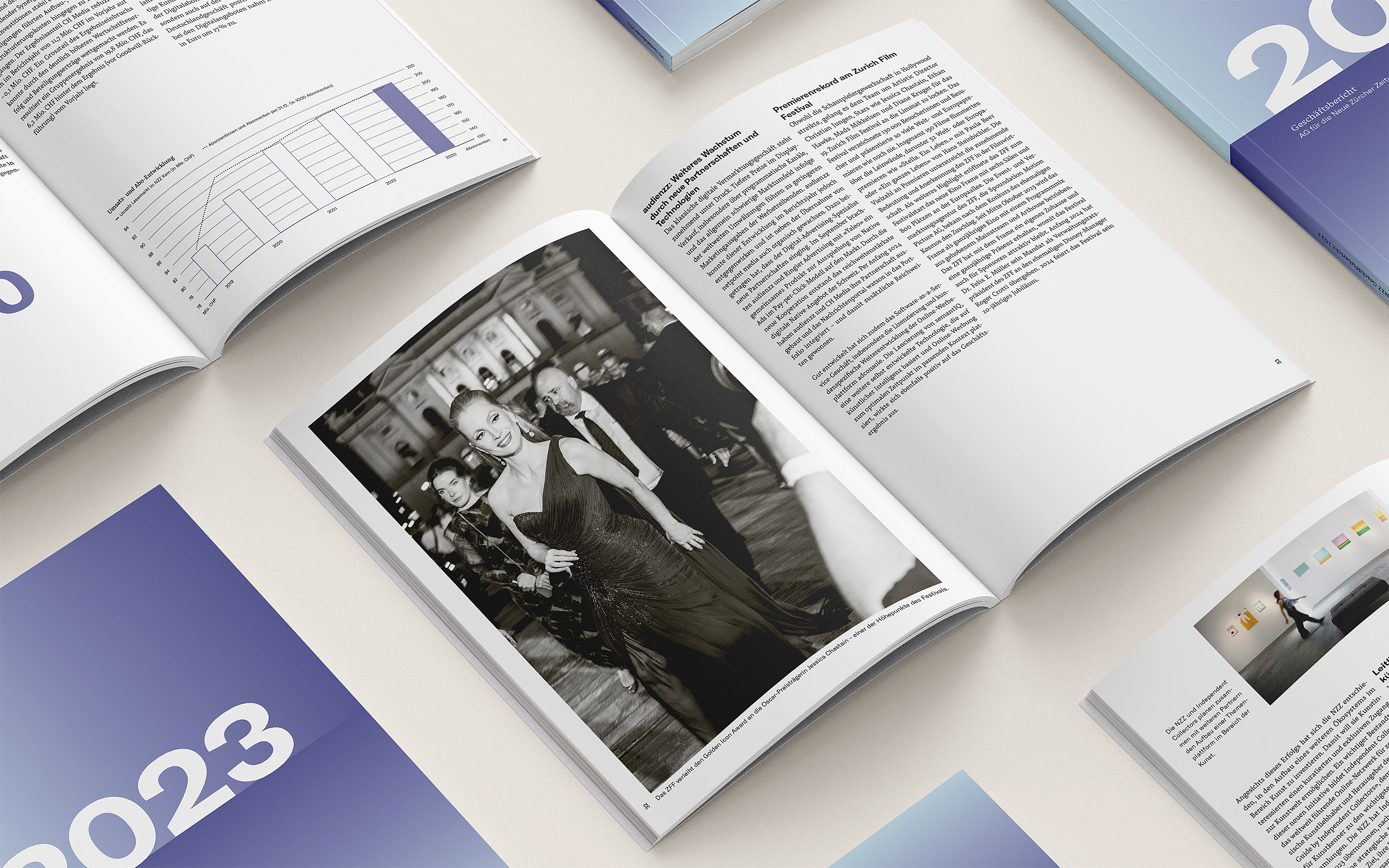 Mehrere Berichte sind aufgeschlagen und geschlossen nebeneinander ausgelegt. Verschiedene Layouts sind zu sehen.