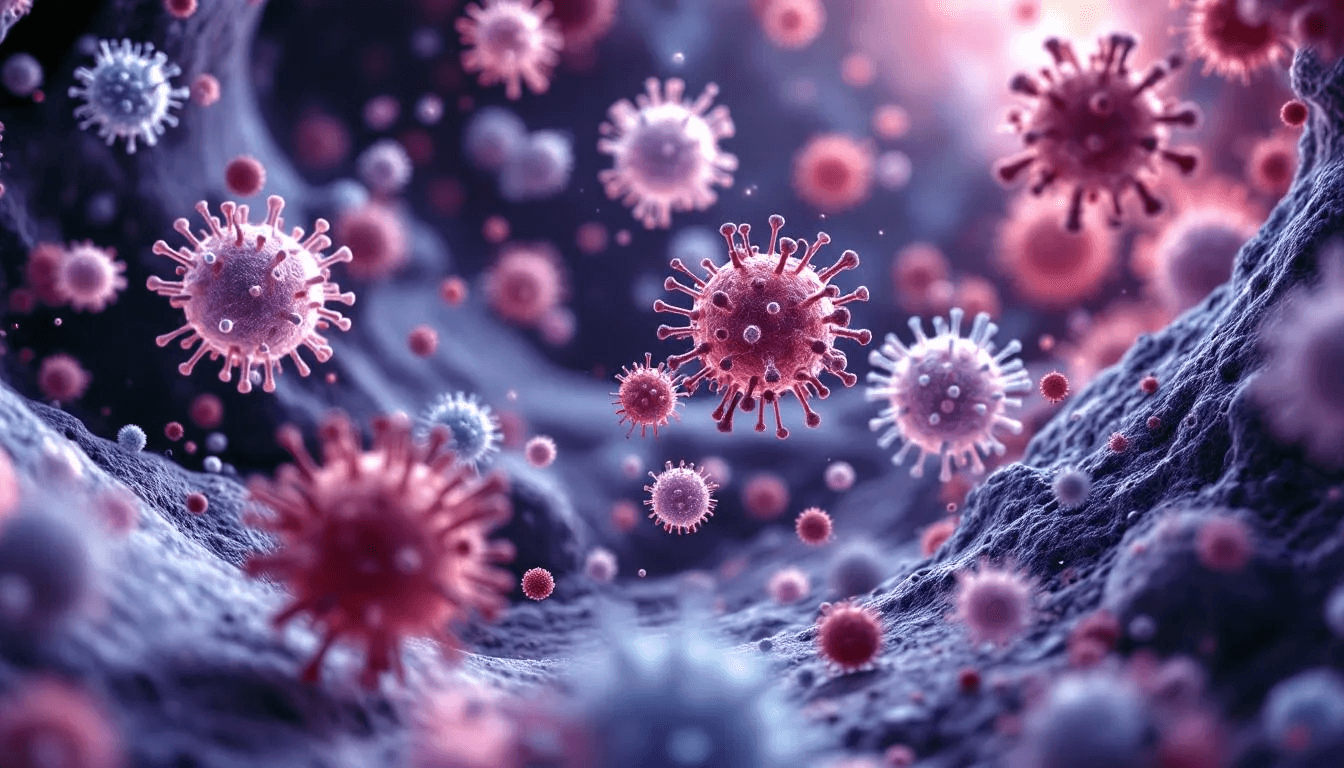 A microscopic view reveals various virus particles floating in a cellular environment, highlighting the complexity of viral infections and their potential to spread disease. This image illustrates the intricate relationship between viruses and the cells they infect.