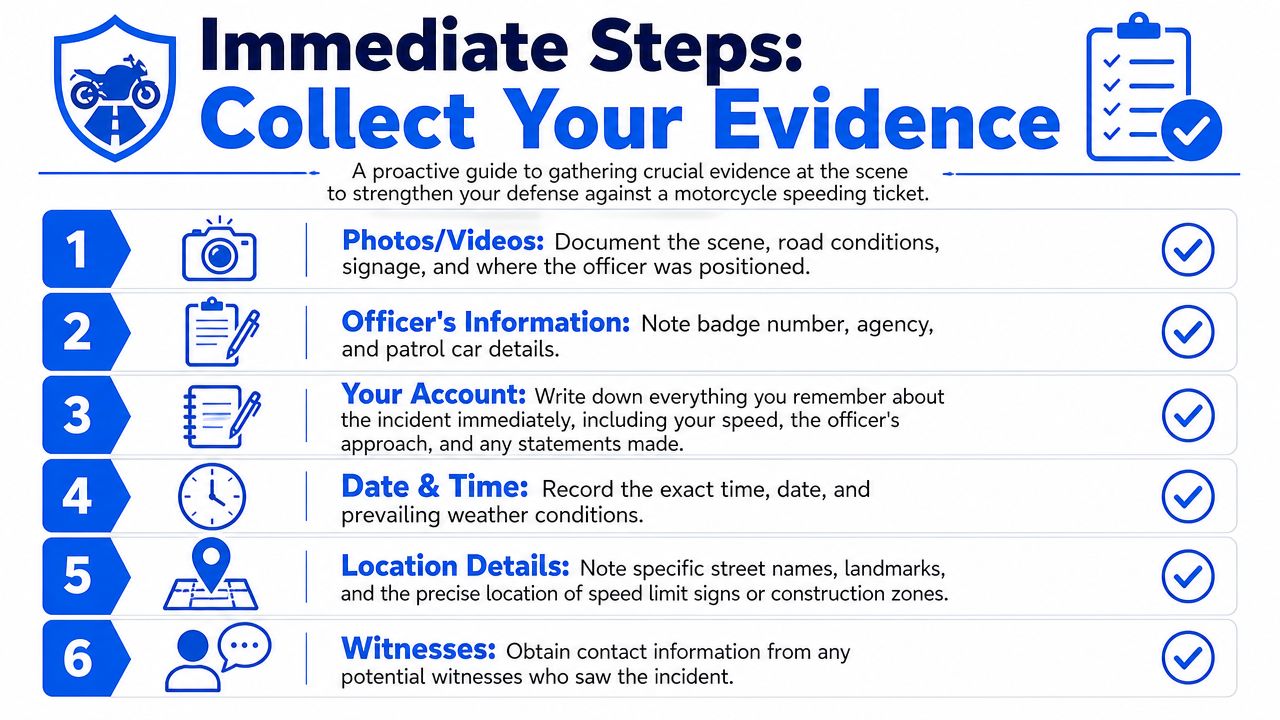 An infographic titled Immediate Steps: Collect Your Evidence, listing six points to gather evidence for a motorcycle speeding ticket.