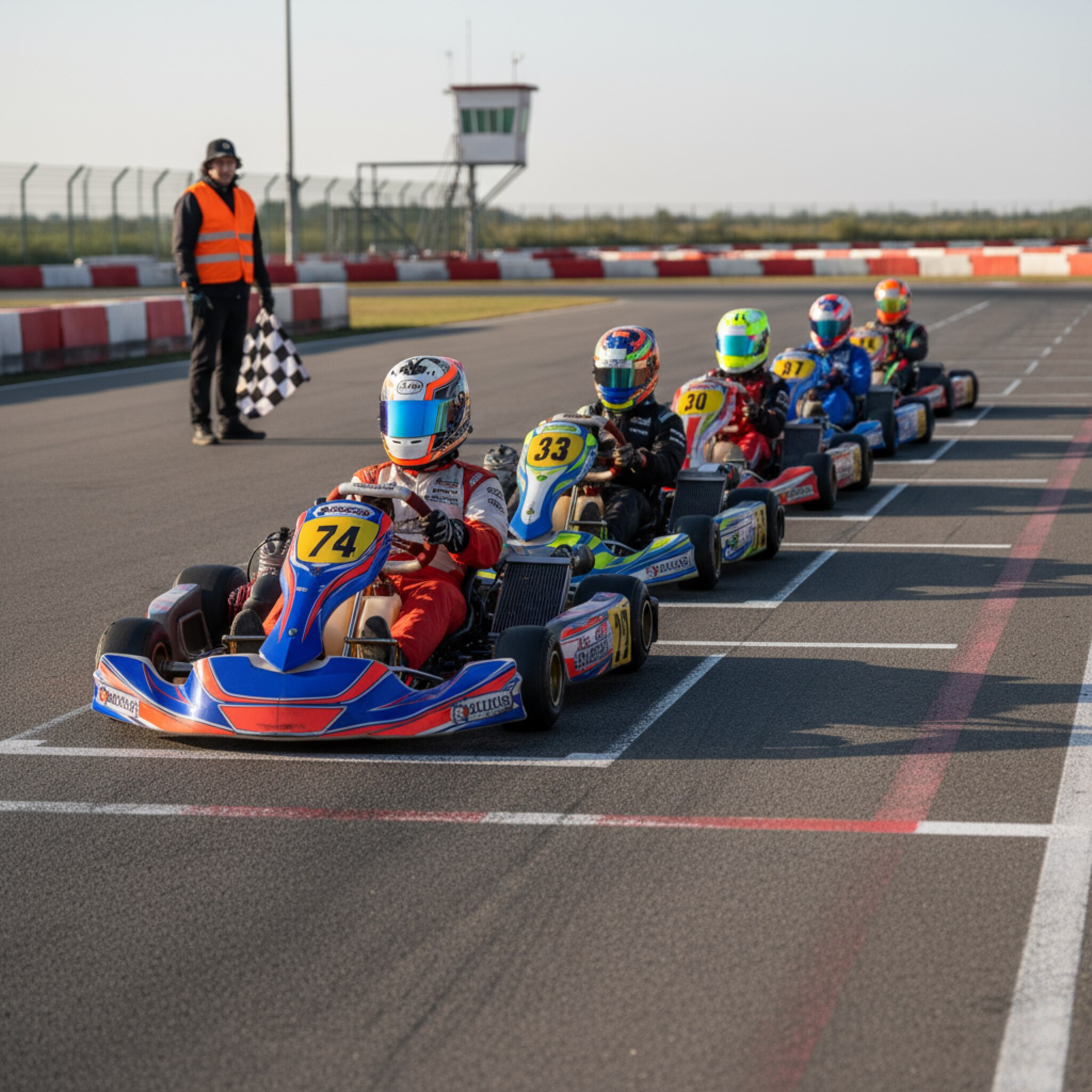 Blick auf die Startaufstellung kurz vor dem Losfahren: Karts stehen bündig, die Fahrer ziehen die Handschuhe fest. Ein Mitarbeiter hebt die Flagge leicht an, die Luft wirkt gespannt und ruhig. Das Licht streift die Startnummern und legt einen klaren Fokus auf die startbereite Formation.