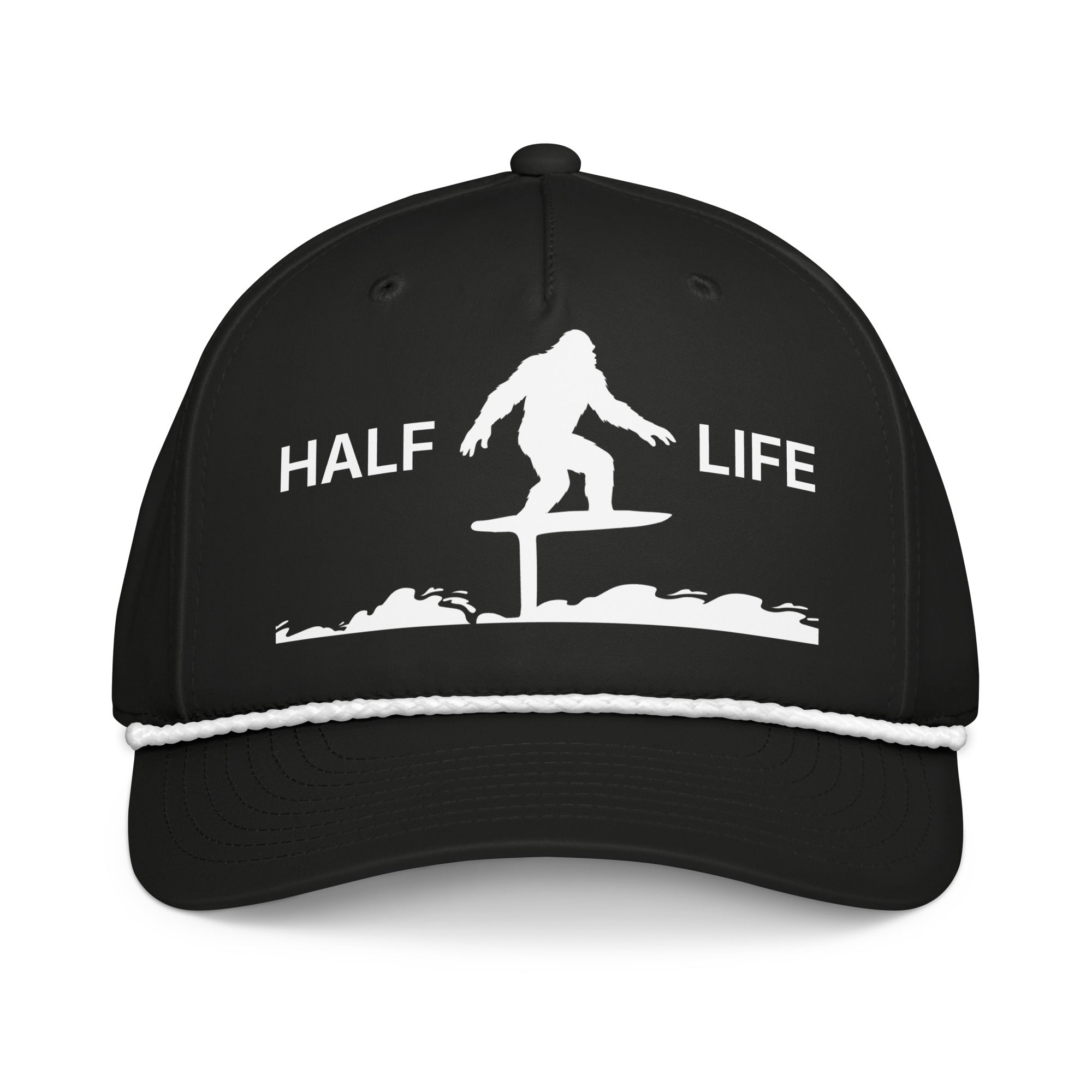 Black classic rope hat featuring Squatch Foiling design front view