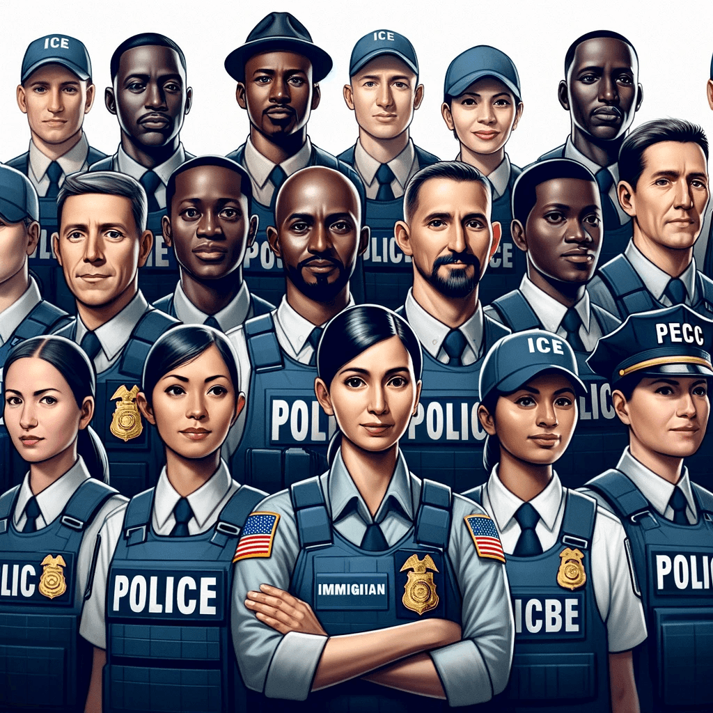 Respectful depiction of Immigration and Customs Enforcement agents in uniform, representing their role in upholding immigration laws.