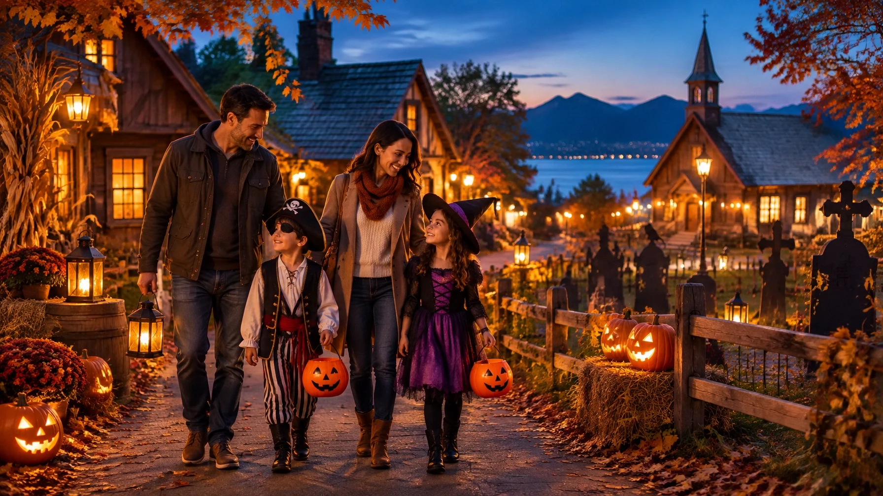 A family enjoys a warmly lit, playful Halloween heritage village at twilight