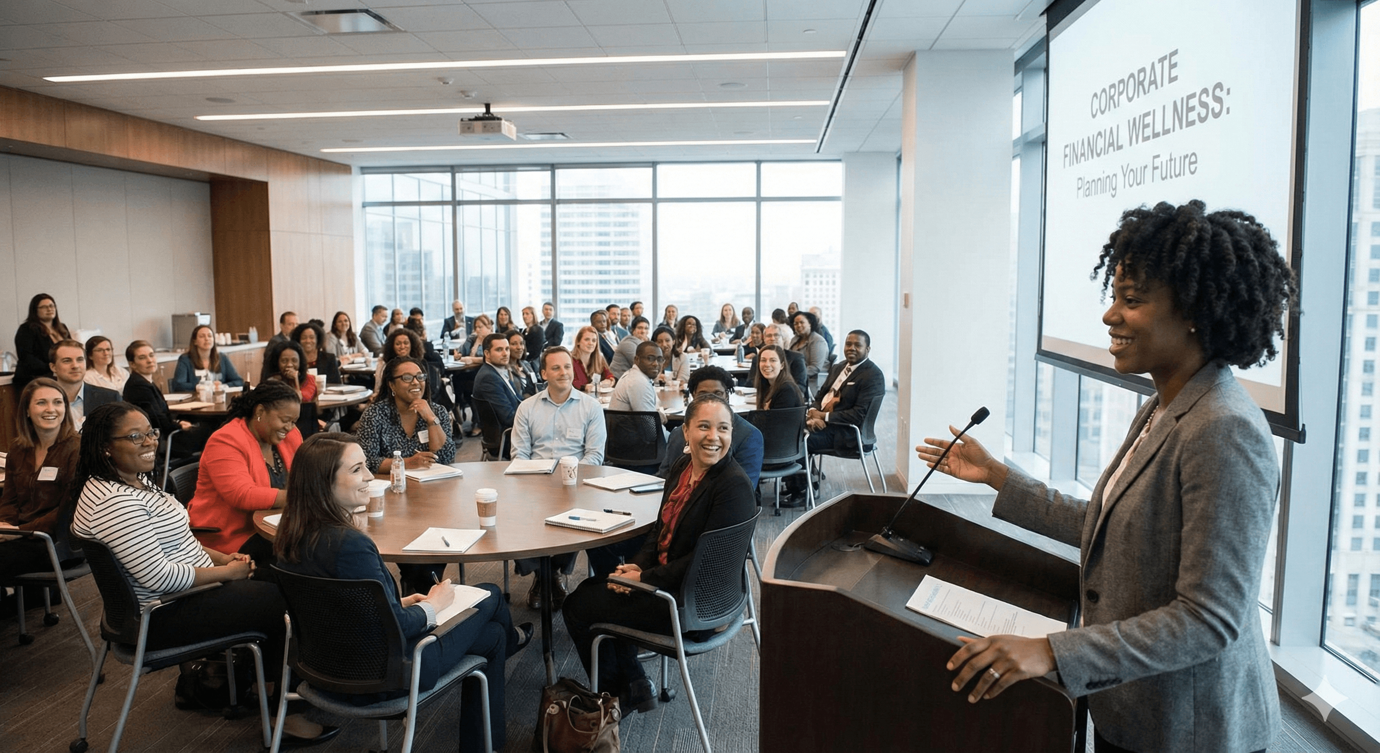 Leading a corporate financial wellness workshop for employees.