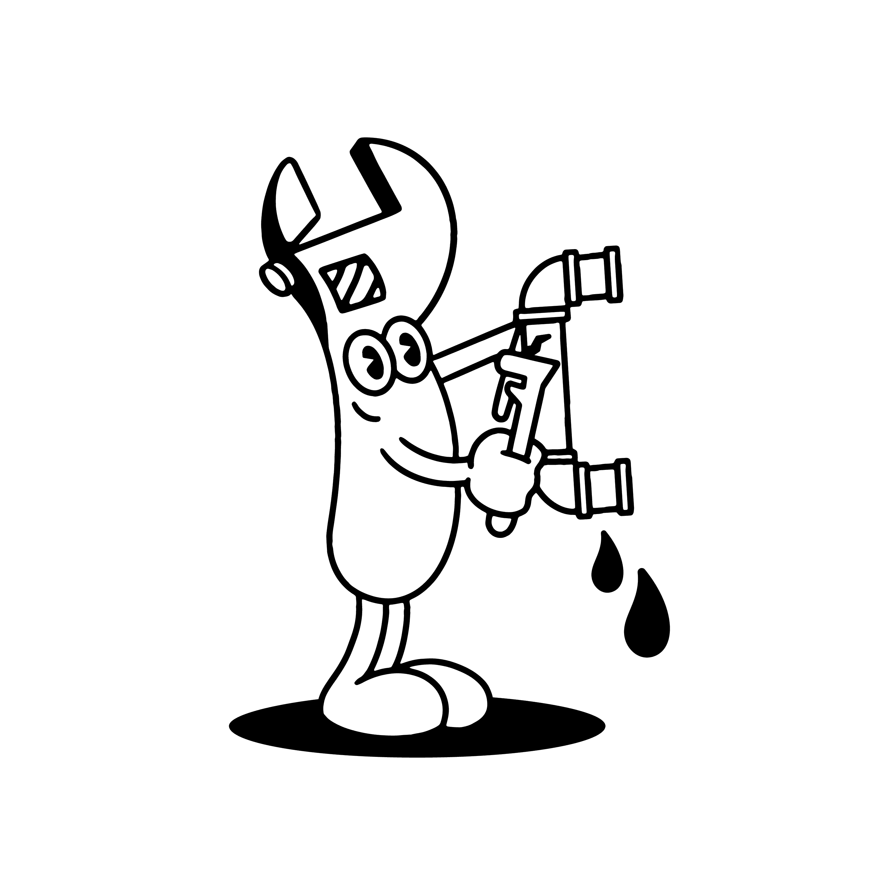 A cute line illustration of a wrench with arms, legs and eyes, fixing a broken pipe.