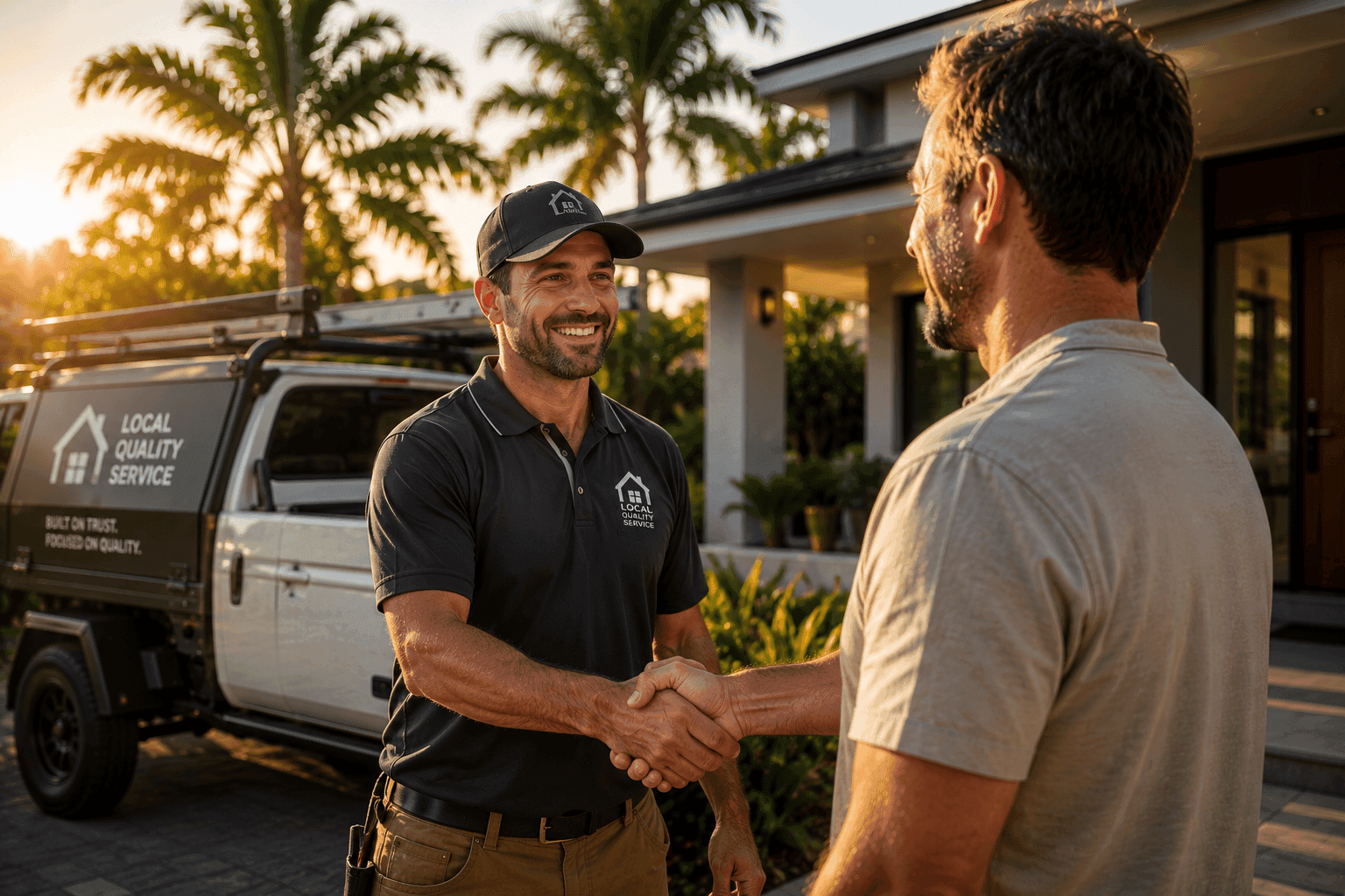 Visual Concept  A premium-looking local tradie/business owner standing beside a clean modern ute outside a tropical Queensland home at golden hour.  The customer is smiling and shaking hands with the business owner.  Subtle motion blur/background depth to feel cinematic.  Very clean. Very human. Very trust-focused.