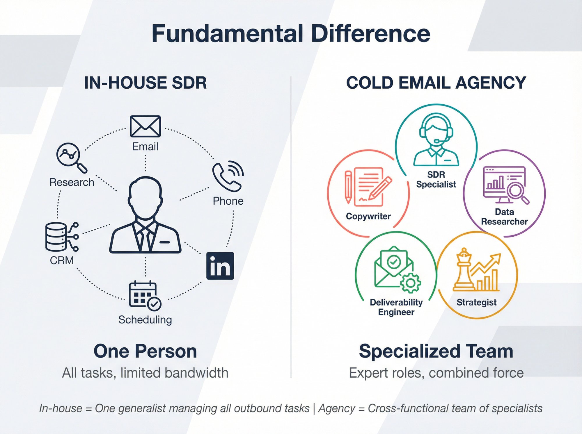 Side-by-side comparison showing single in-house SDR handling multiple tasks versus cold email agency team with specialized roles
