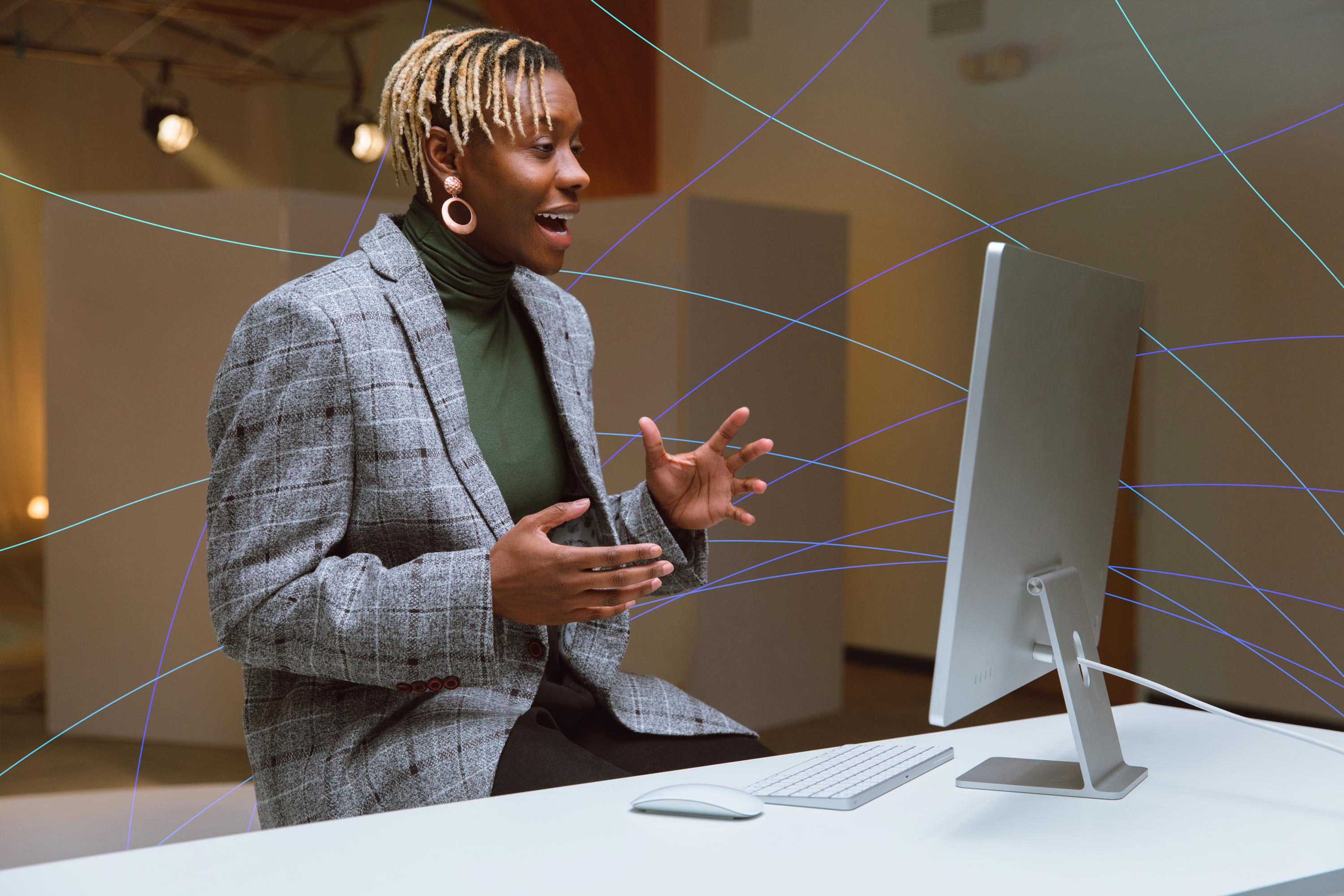 Zoom Mesh treatment on a photo of a woman presenting a webinar