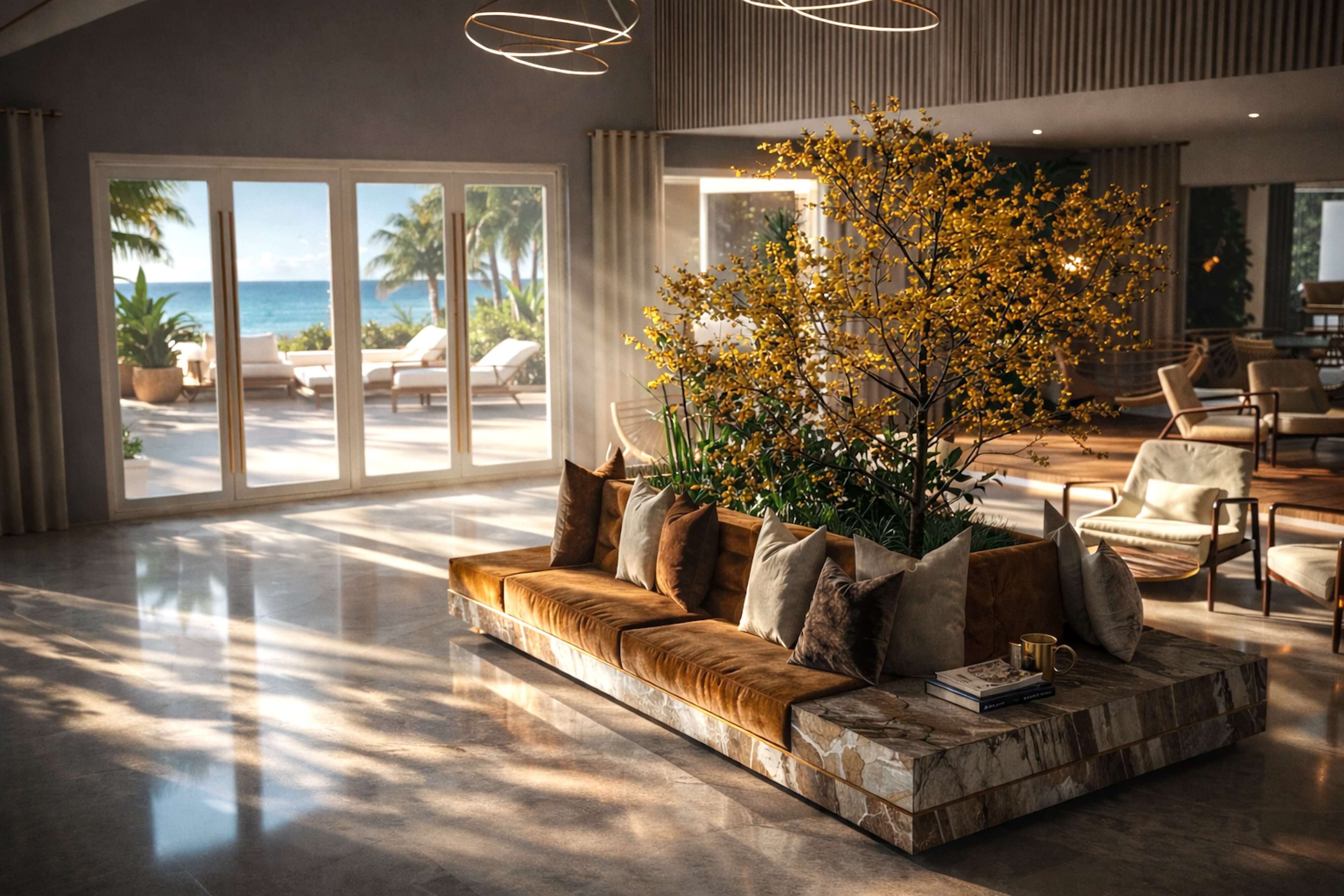 Luxury lounge with marble feature wall, modern lounge room design, sculptural chandelier, accent chairs, wall art, and layered textures in neutral colors.