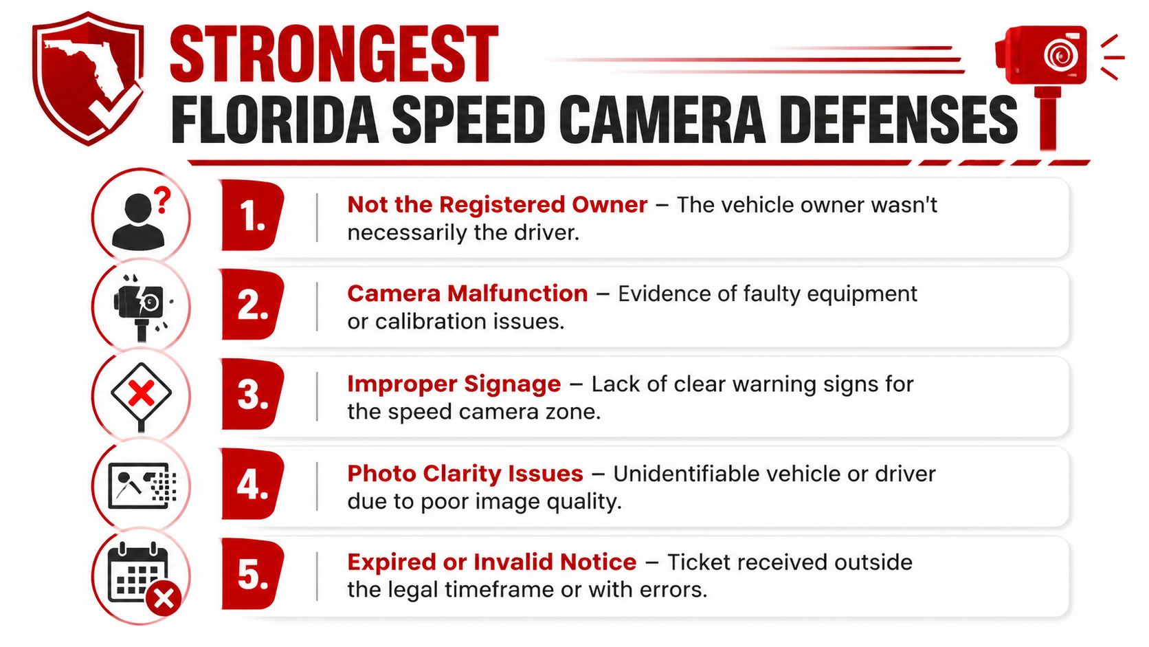 A list of five effective legal defenses to contest a speed camera ticket in the state of Florida.