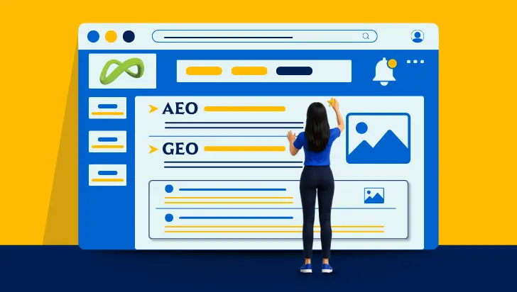 Woman interacting with a digital dashboard for Coozmoo AEO and GEO marketing services.
