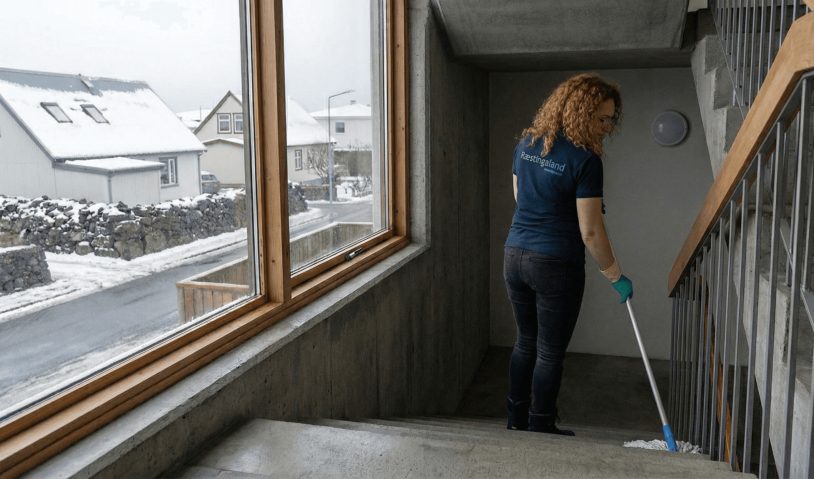Starfsmaður Ræstingaland að moppa stiga við stóran glugga í sameign.