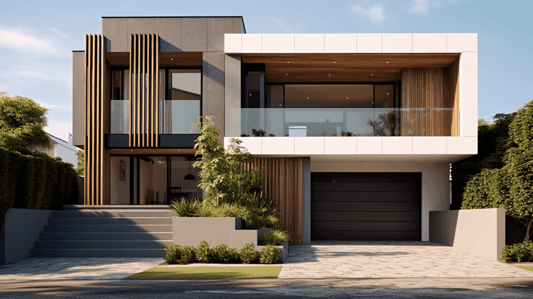 Modern two-story home with wood slat accents, clean white volumes, and landscaped front yard