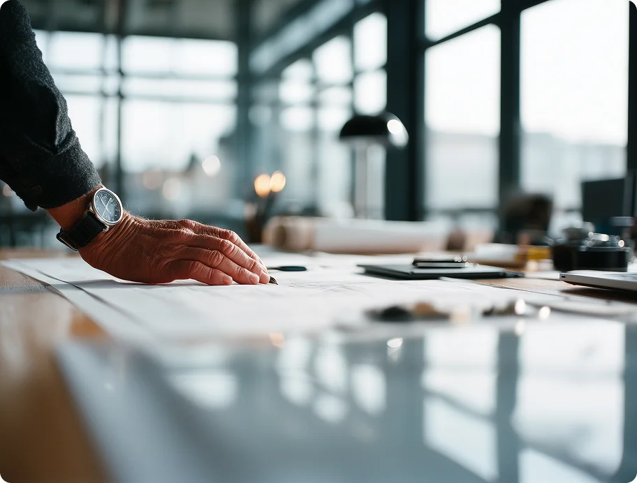 A close-up of a person's hand, wearing a watch with a dark face and leather strap, resting on architectural blueprints spread across a desk in a modern, sunlit office.
