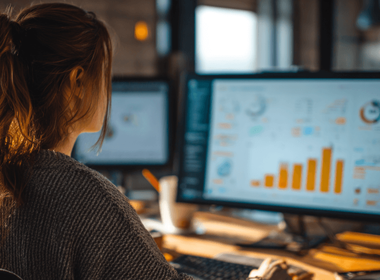 Woman looking at metrics on the computer