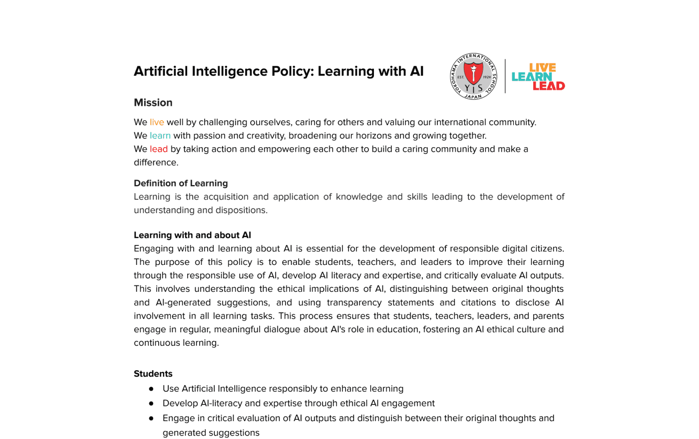 YIS AI Policy: Learning with AI preview