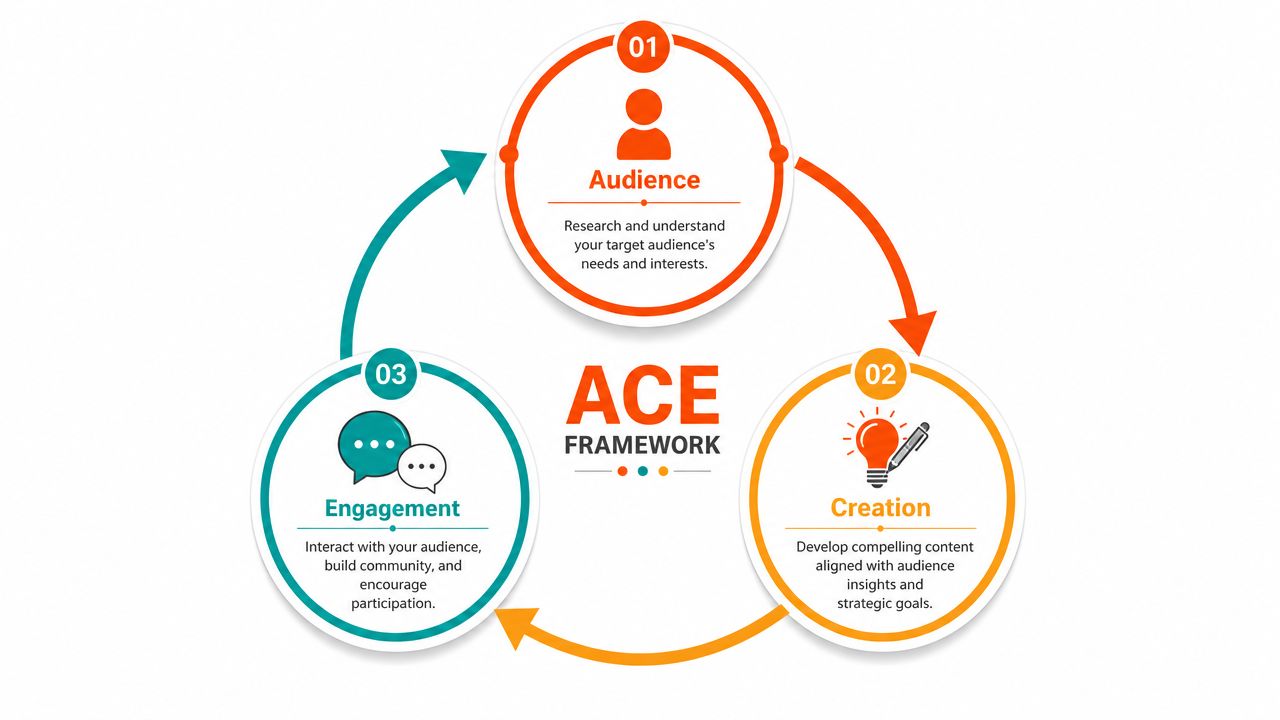 A diagram of the ACE framework showing a circular process of Audience, Creation, and Engagement.